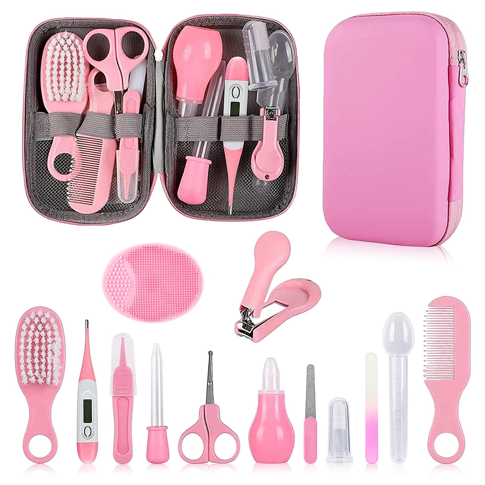 Baby Grooming Kit, Infant Safety Care Set with Hair Brush Comb Nail Clipper Nasal Aspirator Ear Cleaner,Baby Essentials Kit for Newborn Girls Boys (Pink Baby Grooming kit)
