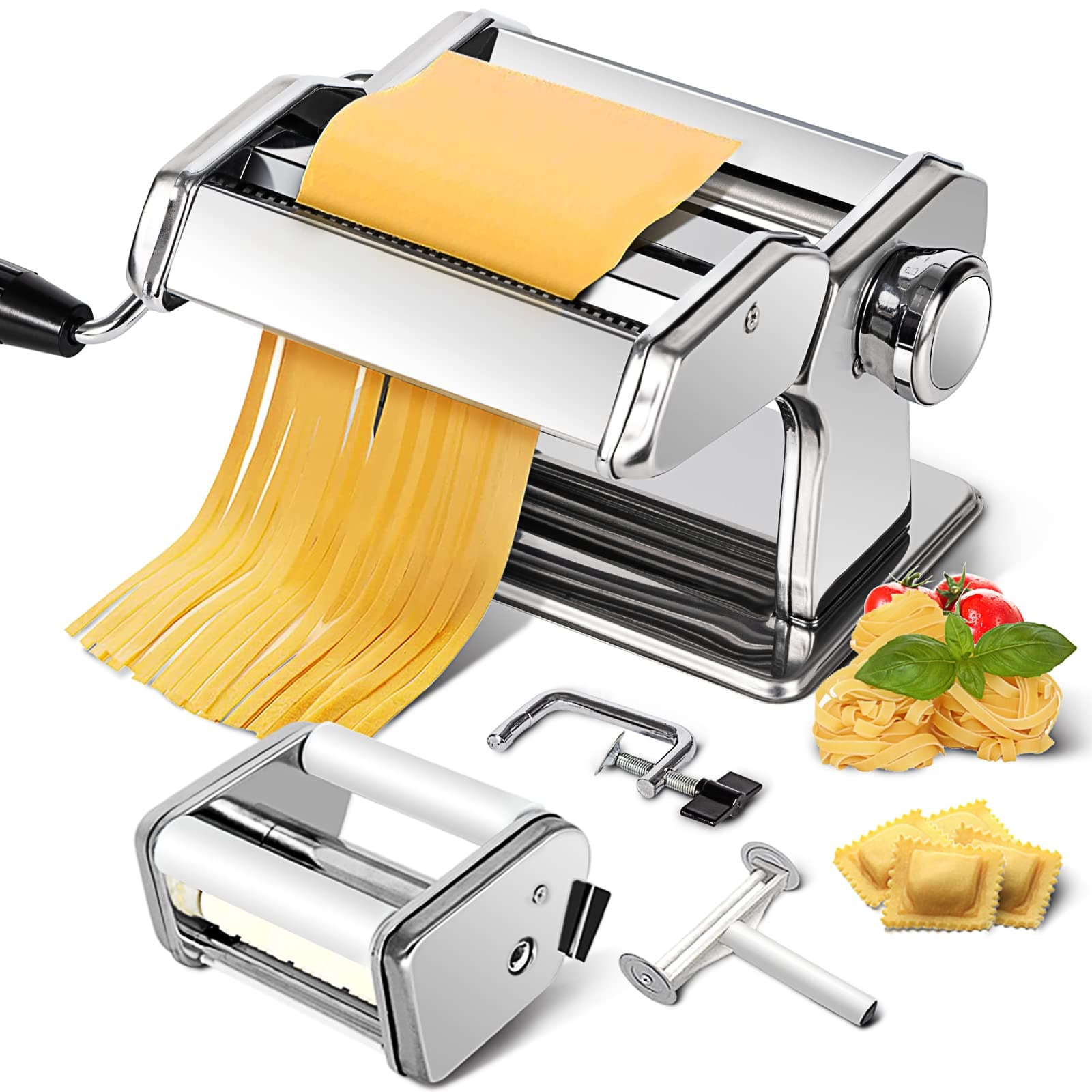 CHEFLY Ravioli Maker & Pasta Maker Set 9 Thickness Settings for Fresh Homemade Lasagne Fettuccine Spaghetti Pasta Roller Press Cutter Noodle Maker Machine P1802