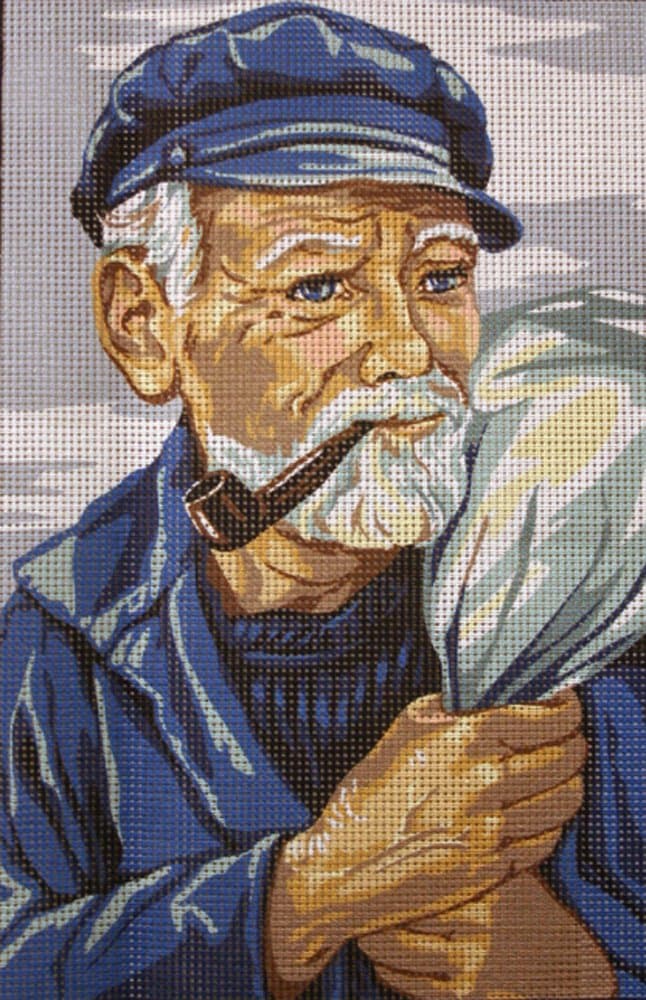 OLD SEAMAN HOLDING HIS DUFFLE BAG NEEDLEPOINT CANVAS DESIGN