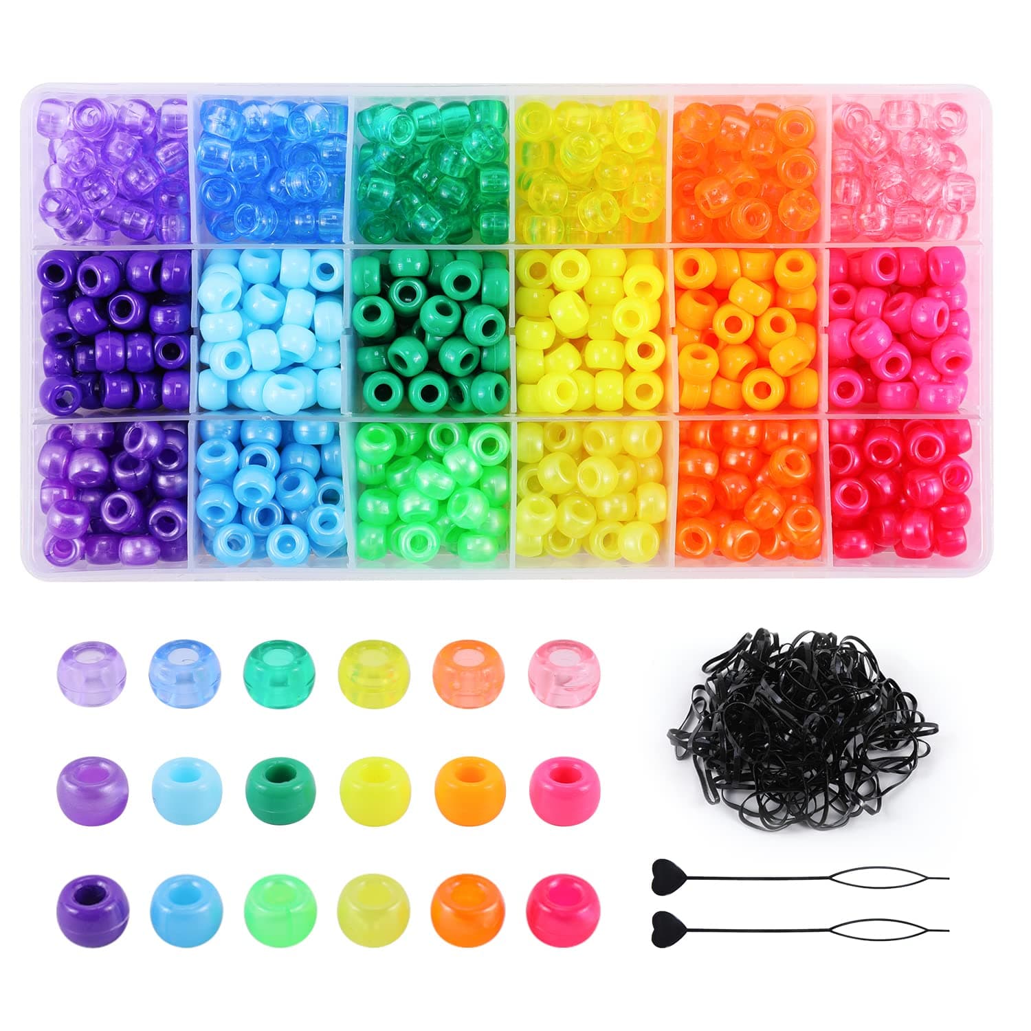 18 Color 9 mm Hair Beads for Hair Braids, Rainbow Pony Beads Kit for Jewelry Making Kandi Beads for Bracelets Making with Hair Beader and Rubber Band for Gift