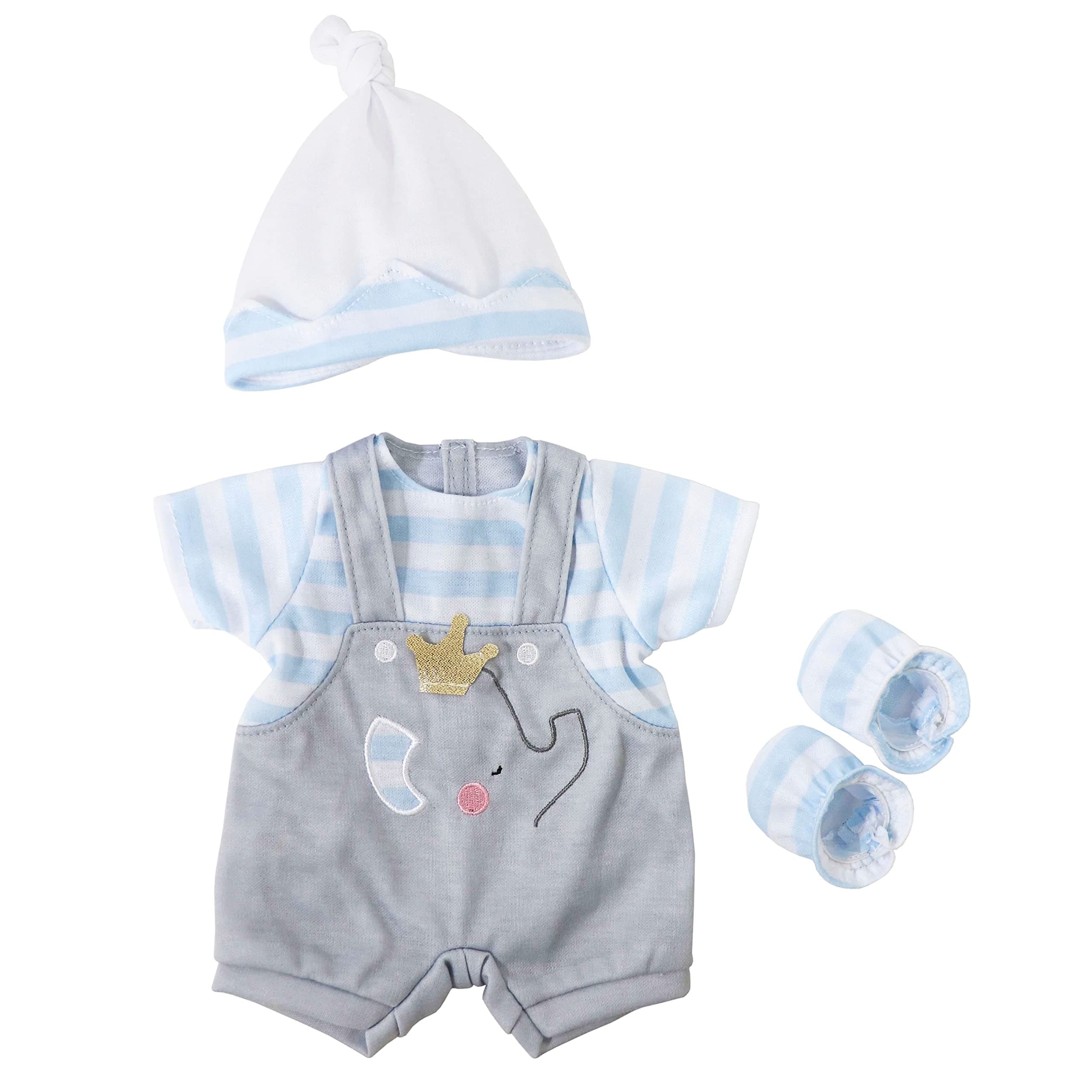 JC Toys | Berenguer Boutique | Baby Doll Outfit | Gray Overall Shorts with Blue Stripes | Includes Headband and Booties | Ages 2+ | Fits Dolls 14"- 16"