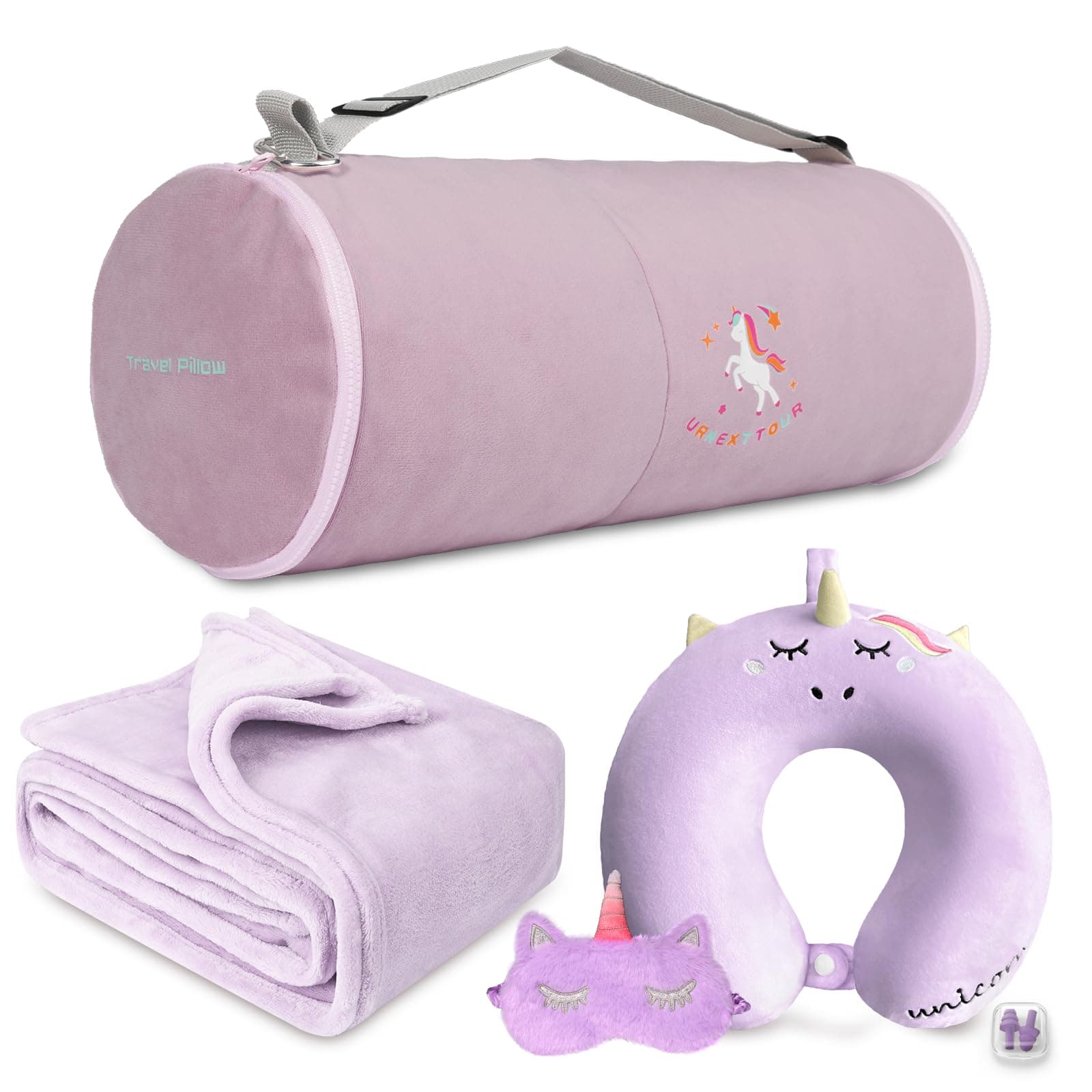 Kids Travel Blanket and Pillow- Premium Soft Purple Airplane Blanket with Adjustable Travel Bag, Hand Luggage Belt Compact Pack Large Blanket for Car, Road Trip, Home Use (60"*41" in)