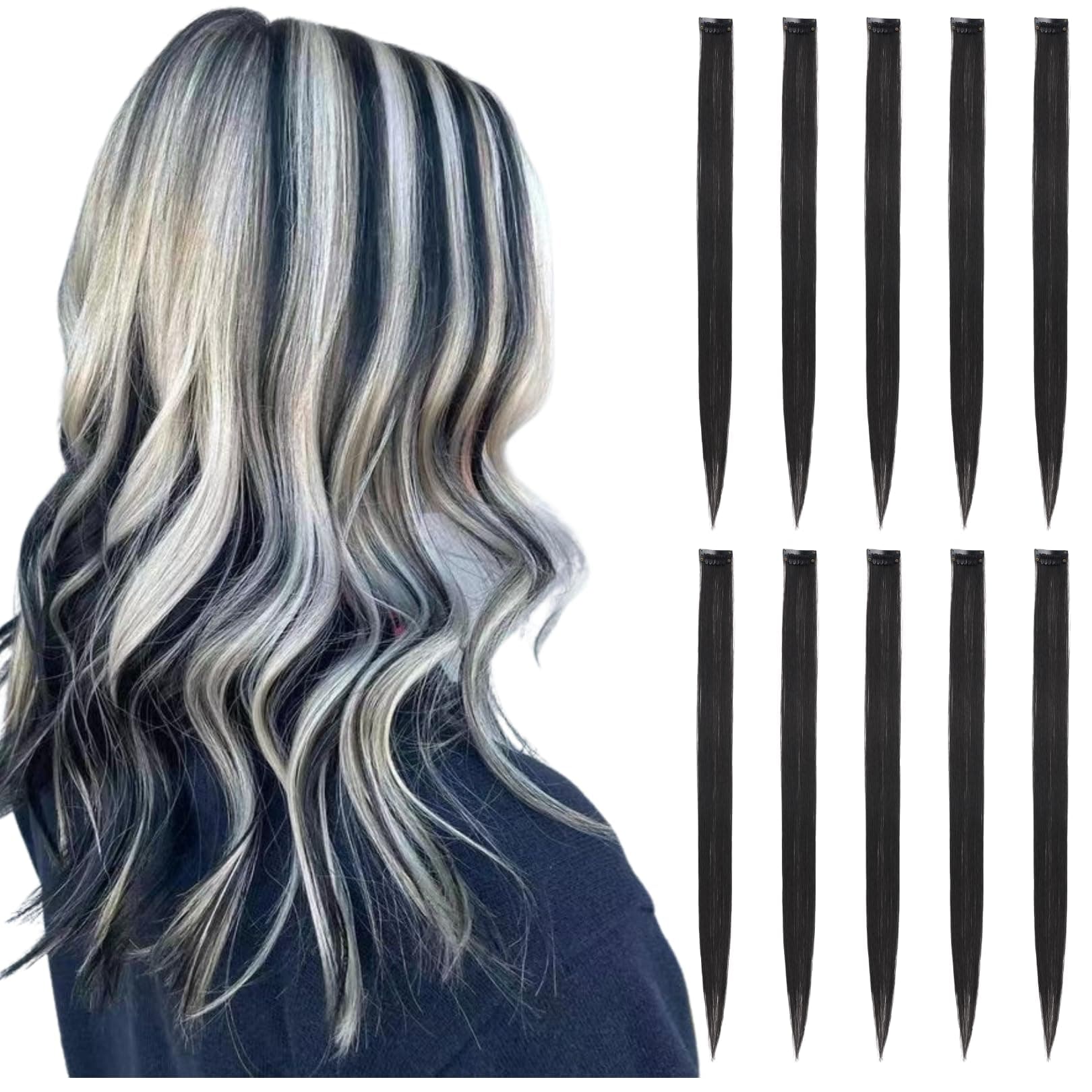 RINBOOOLBlack Hair Extensions Clip in for Kids Girls, 10 Pieces 22 Inch Long Straight Colored Streak Synthetic Accessories Hairpiece Clip ins, Play Party Highlights