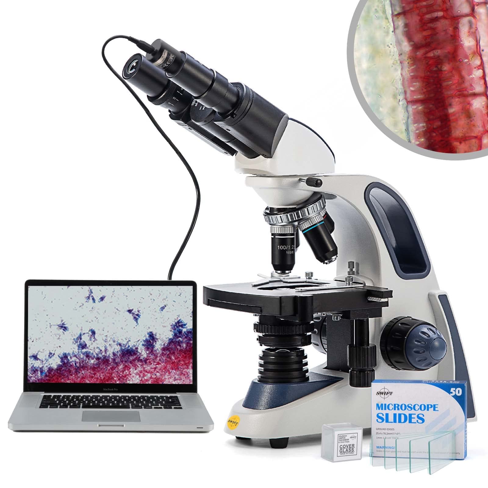 SW380B 40X-2500X Magnification, Research-Grade Binocular Compound Lab Microscope, Mechanical Stage, with 5.0 mp Camera and Software Windows/Mac Compatible and 100pcs Blank Slides