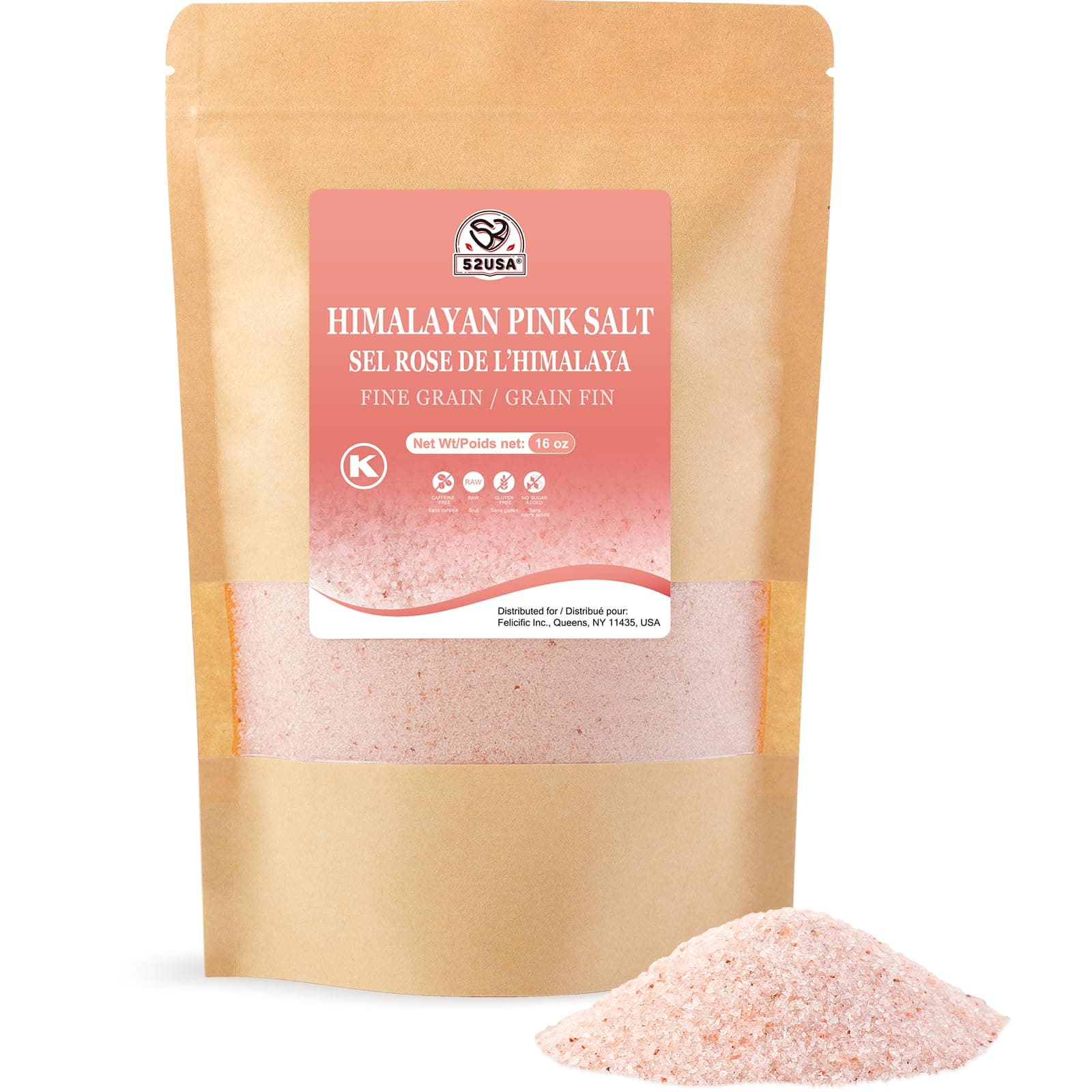 52USA Himalayan Pink Salt Fine Grain, 1 lb Resealable Bag, Pure Pink Table Salt, Natural Mineral Salt, Kosher, No Artificial Colors, No Additives, No Gluten, for Cooking, Baking, Seasoning & Daily Use