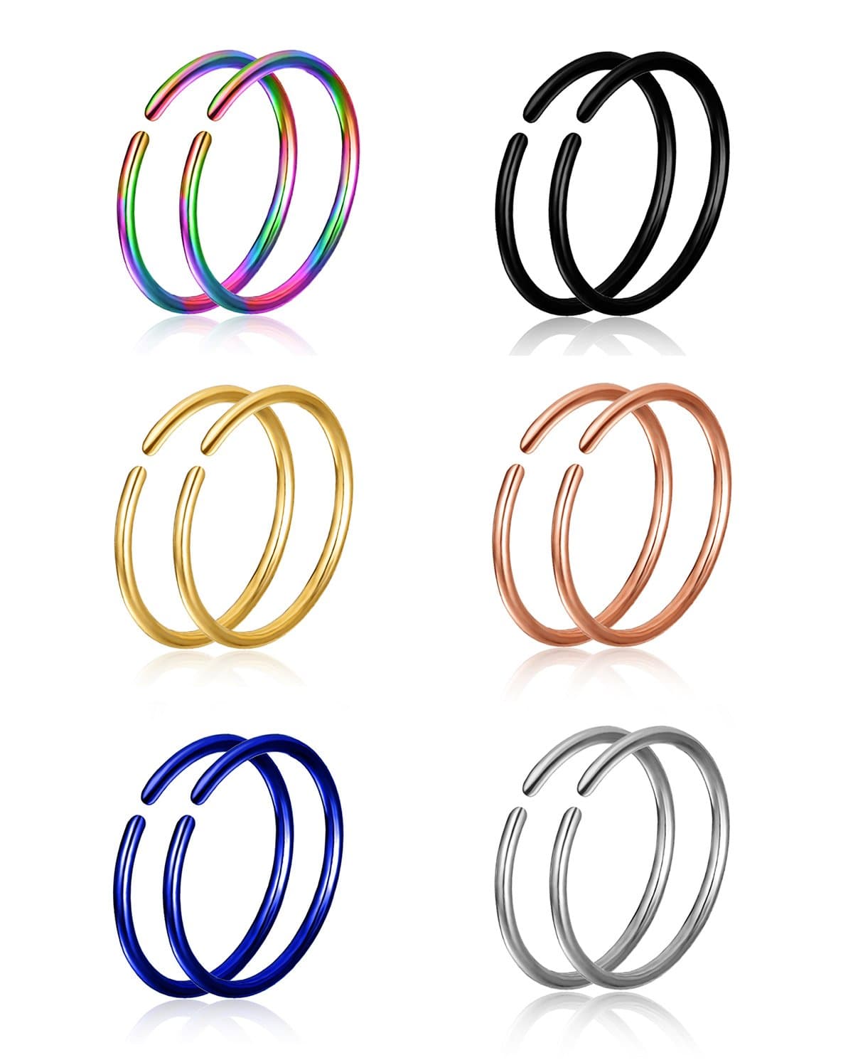 Tornito8-48PCS 316L Stainless Steel Nose Ring Double Nose Ring for Single Piercing Lip Daith Cartilage Helix Tragus Hoop Ring 22G-20G-18G