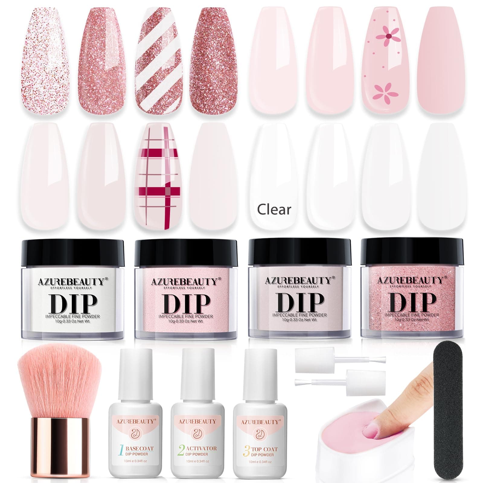AZUREBEAUTY Dip Powder Nail Kit Starter, 4 Colors Pink Tones Dipping Powder Set, French Nail Art Base Top Coat Activator Liquid All Seasons Manicure DIY Salon