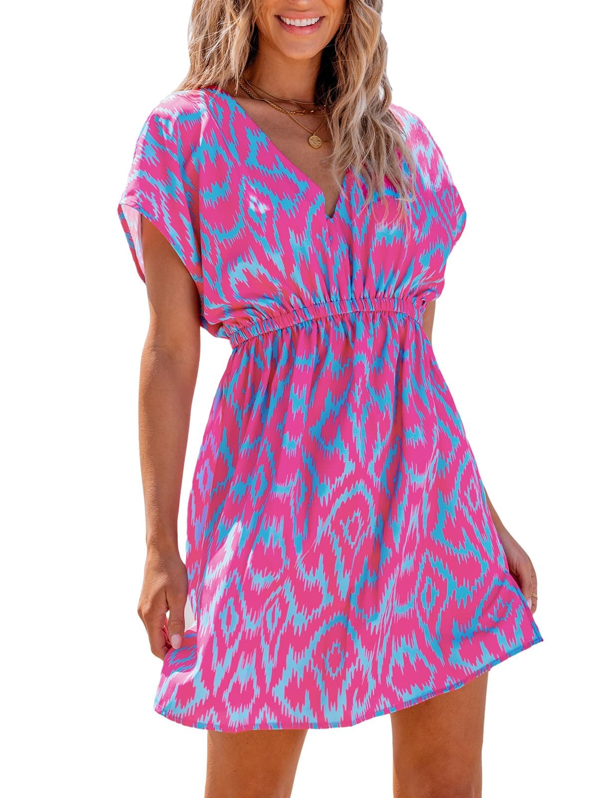 Women's Swimsuit Coverup Casual V Neck Beach Dress Short Sleeve Elastic Waist Swimwear Cover Ups 2026 Beachwear