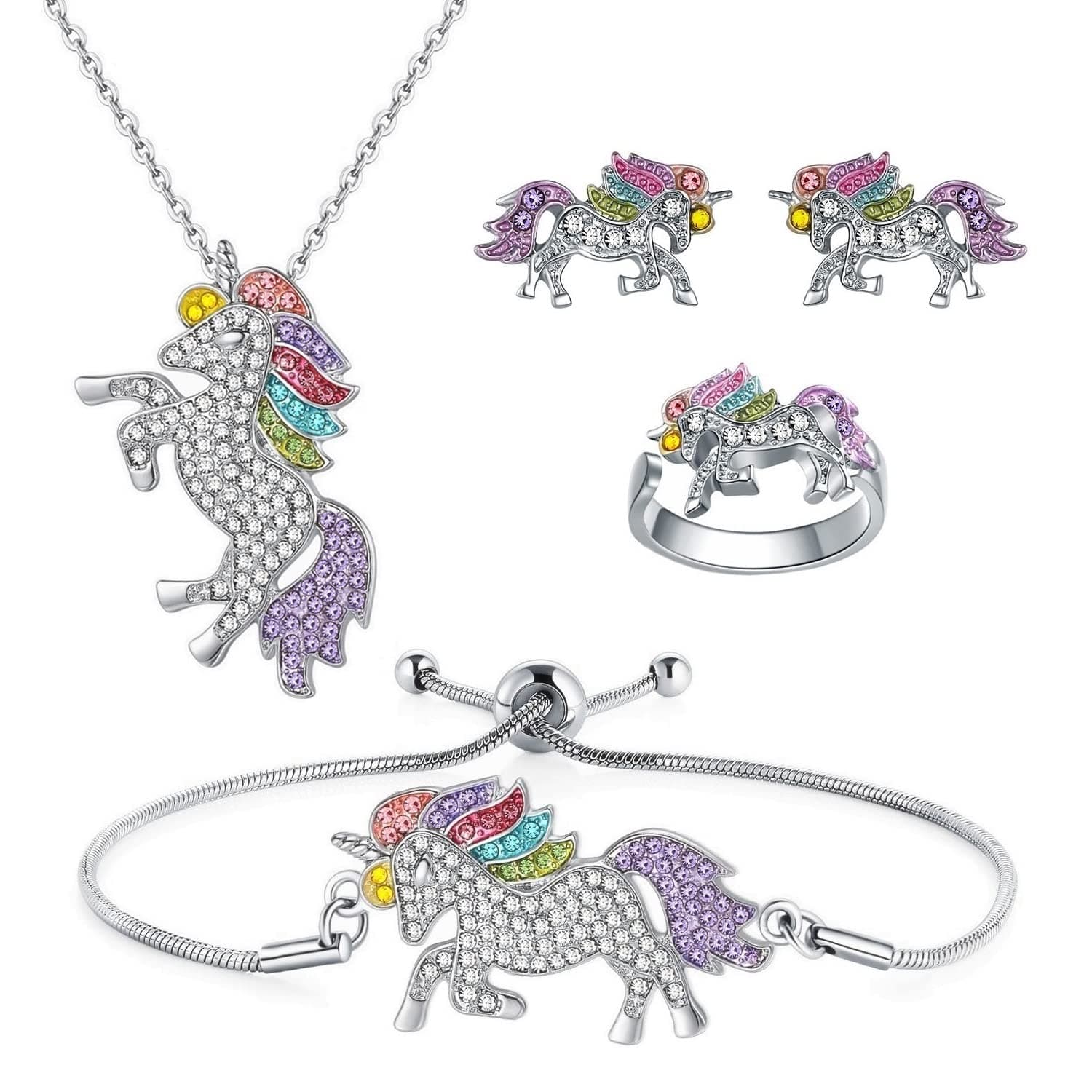 SHWIN Unicorns Gifts for Girls Kids Jewelry 2 or 4 Pack Unicorn Necklace Bracelet Earrings Ring Jewelry Set Birthday Gifts for Girls Daughter Granddaughter Niece