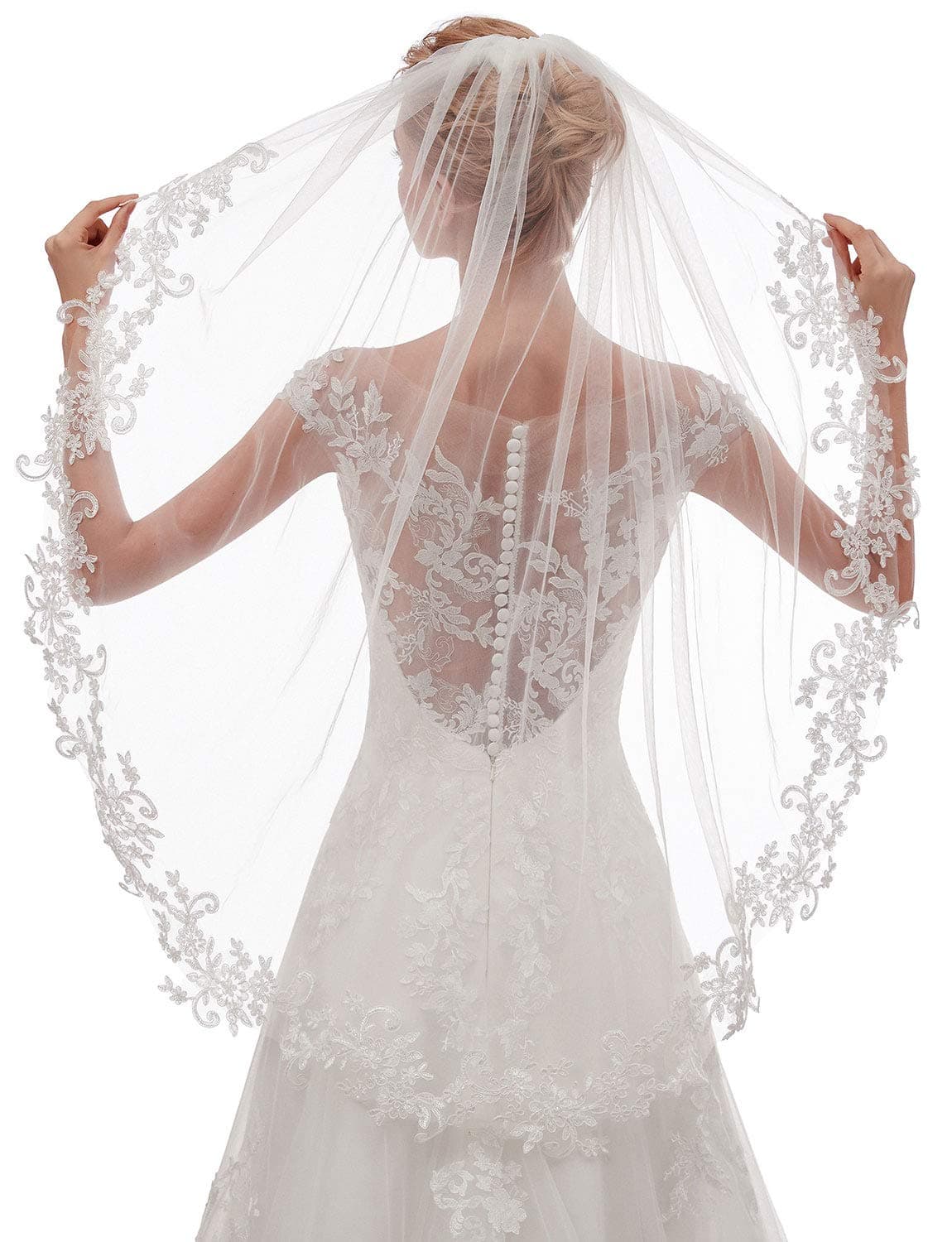 EllieHouse Womens Short Fingertip Length 1 Tier Lace Wedding Bridal Veil with Metal Comb L68