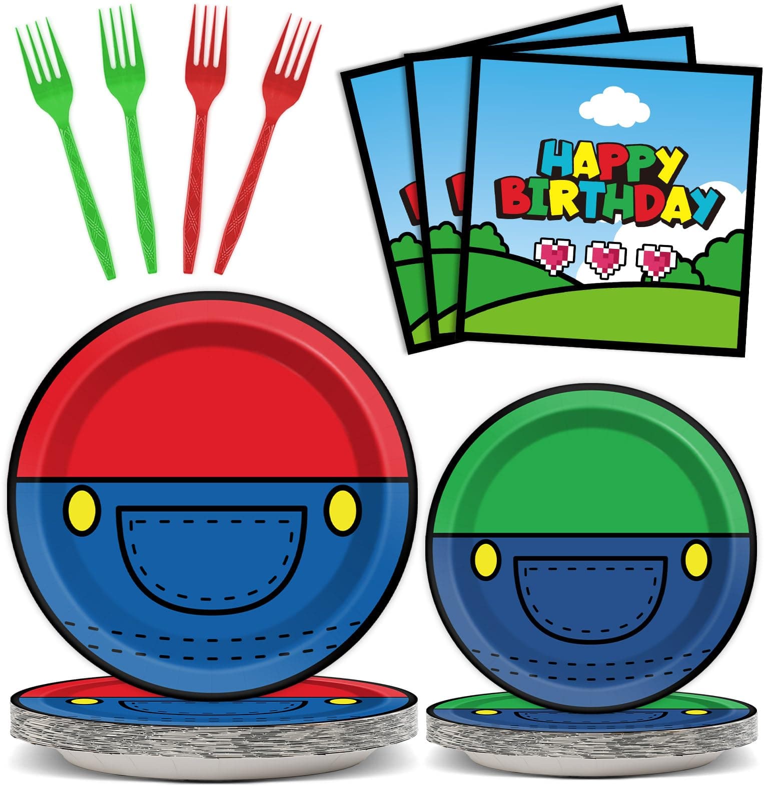 chiazllta 96 Pcs Super Brother Party Supplies Set Super Brother Plates Super Video Games Tablewear and Napkins Forks Super Bros Birthday Party Decorations for Kids Baby Shower Serves 24