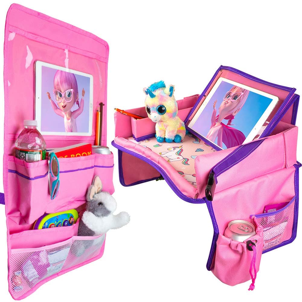 Kids Travel Tray and Backseat Organizer for Cars - Car Lap Tray for Toddlers and Back Seat Organizer - Waterproof and iPad Holder - Road Trip Essentials and Activities