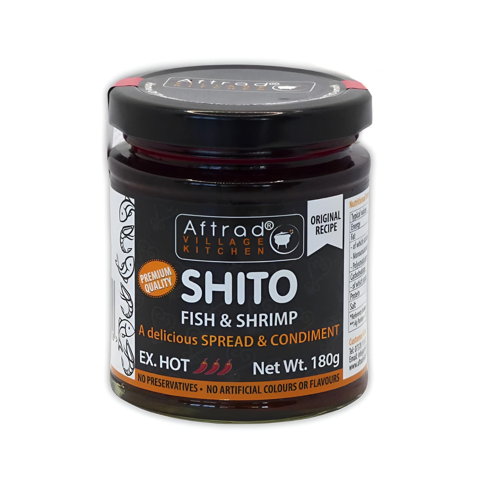 Aftrad Village Kitchen Shito 180g, EXTRA HOT - A Ghanaian Chilli Sauce Made with Smoked Fish & Shrimps. A Delicious Condiment for All Cooked Meals. It can be Used as dips, Spreads and in sauces.