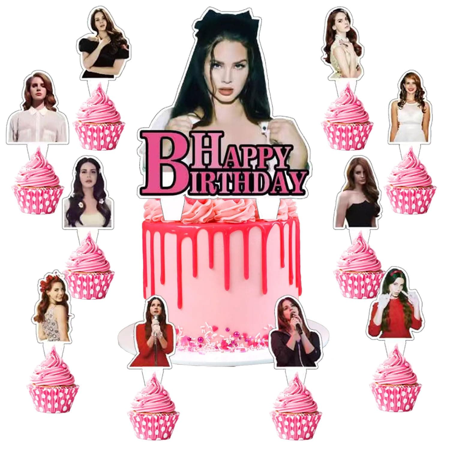 MGTCAR 37pcs Lana Del Rey Cake Decorations with 1pcs Lana Singer Cake Topper,36pcs Cute Cupcake Toppers for Girls Birthday Party Decorations
