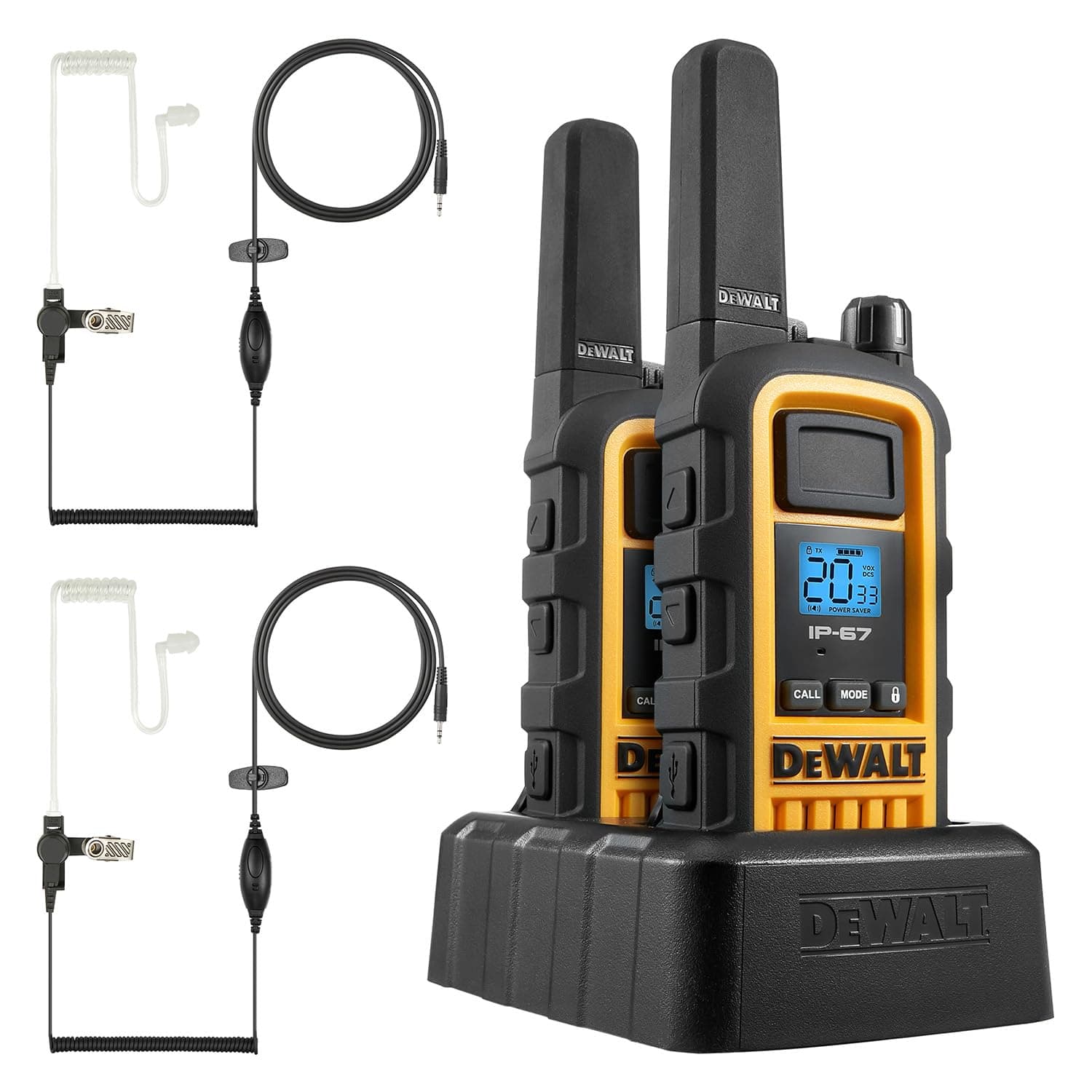 DEWALT FRS Walkie Talkies Long Range 2 Way Radio, 2 Watt, Waterproof & Rechargeable, 2 Pack with 2 Headsets, 1DXFRS800-SV1