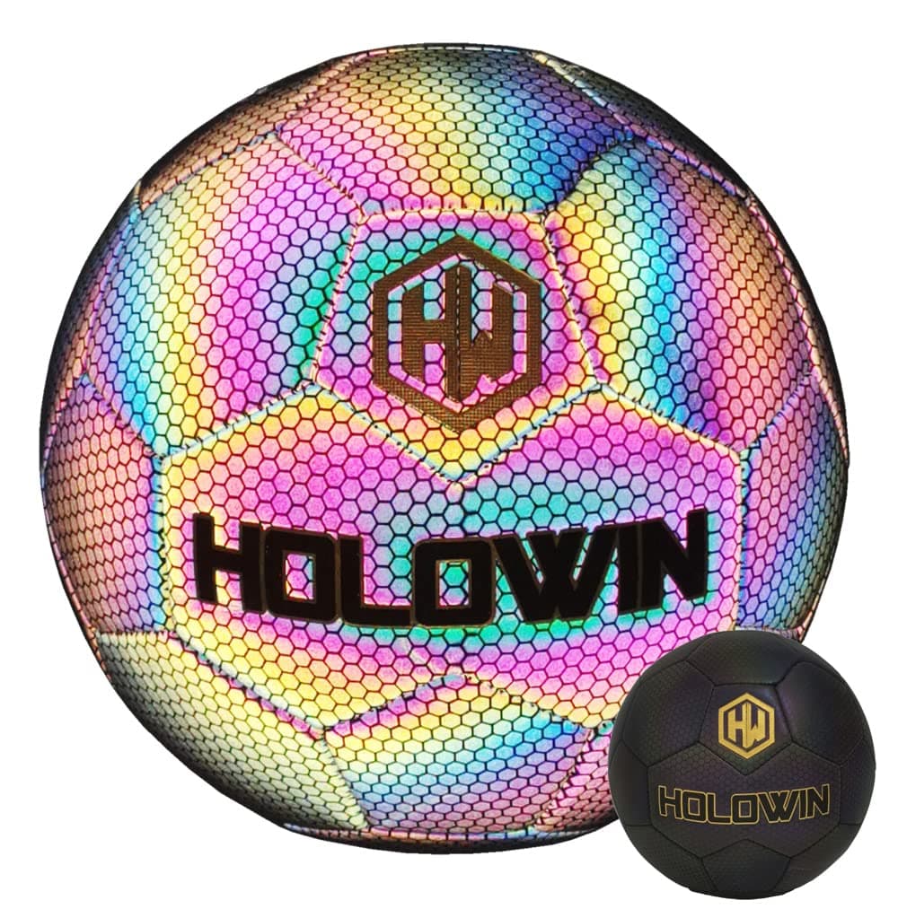 Holographic Luminous Soccer Ball for Night Games & Training Football Ball Glowing in The Dark Light Up Reflective with Camera Flash Reflects Light Gifts, & Men (Size 5, Black)