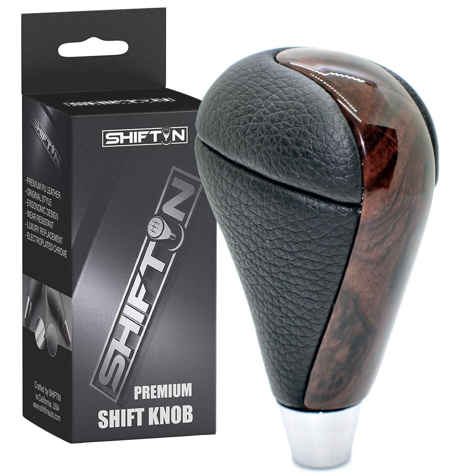 SHIFTIN Leather Chrome Wood Gear Shift Knob Stick Shifter for Lexus ES GS LS RX is SC and Mazda (Black Leather / Dark Burl)