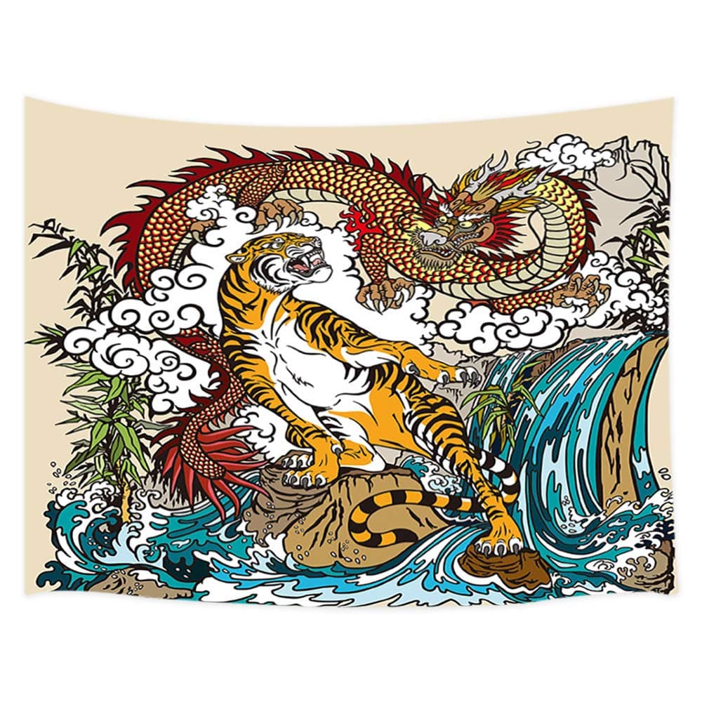 JAWO Asian Tapestry, Chinese Dragon and Tiger in The Landscape with Waterfall Wall Tapestry, Wall Art Hanging for Bedroom Living Room Dorm 71X60Inches