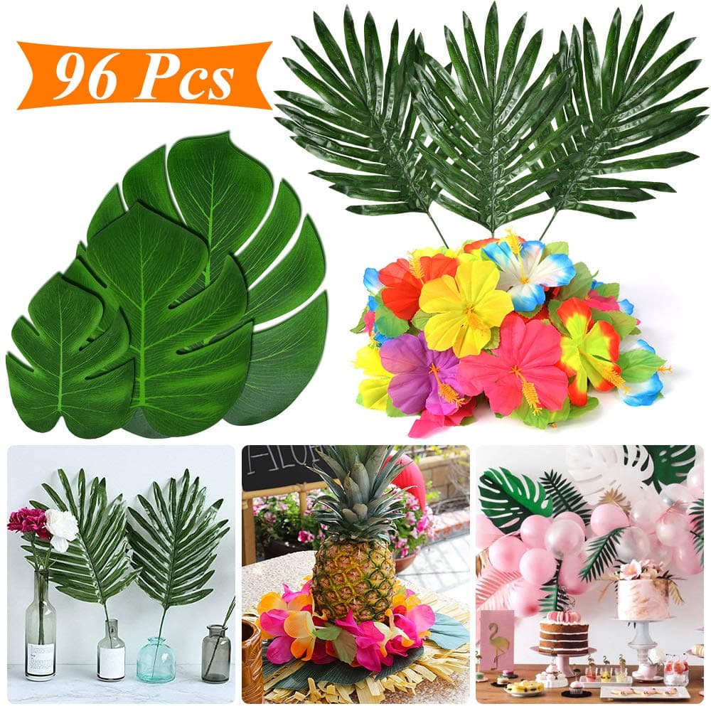 Tropical Party Decoration Supplies 96 Pcs Tropical Palm Leaves Hibiscus Flowers Monstera Leaf Table Decor Simulation Leaf Home Kitchen Photo Prop Hawaiian Aloha Jungle Luau Havana Night Party Supplies