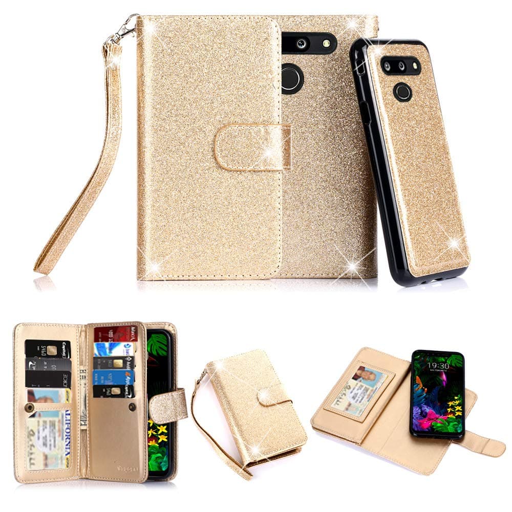 LG G8 ThinQ Case, LG G8 Case, 10 Card Slot - ID Slot, Button Phone Wallet Cover Folio PU Leather Case Cover with Detachable Magnetic Hard Case - Glitter Gold