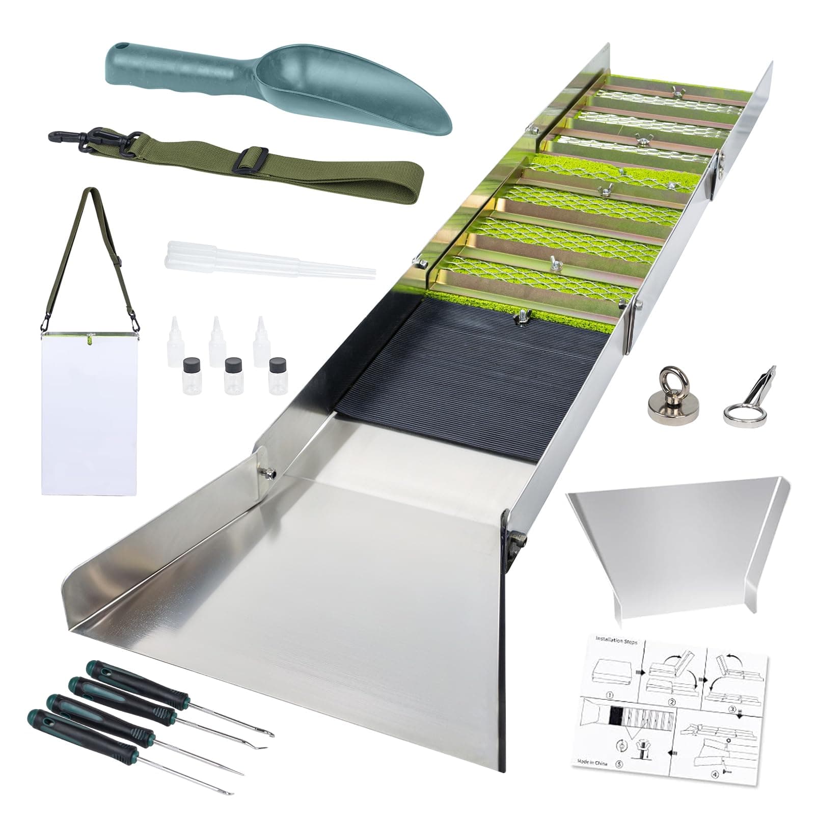 Complete Sluice Box Gold Panning Kit, 50" Folding Aluminum Alloy Gold Mining Equipment, 17 Pcs Prospecting Kit with Crevice Picks, Tweezer Magnifier, Pipette, Magnets