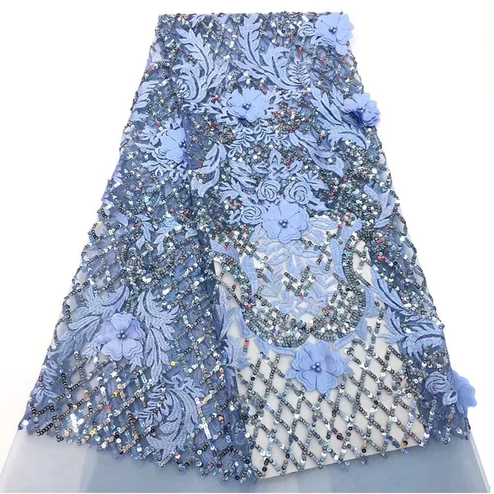 Milylace Luxury African Lace Fabric 5 Yards 3D Floral Nigerian Tulle Lace with Sequins for Wedding Party Dresses (Blue)