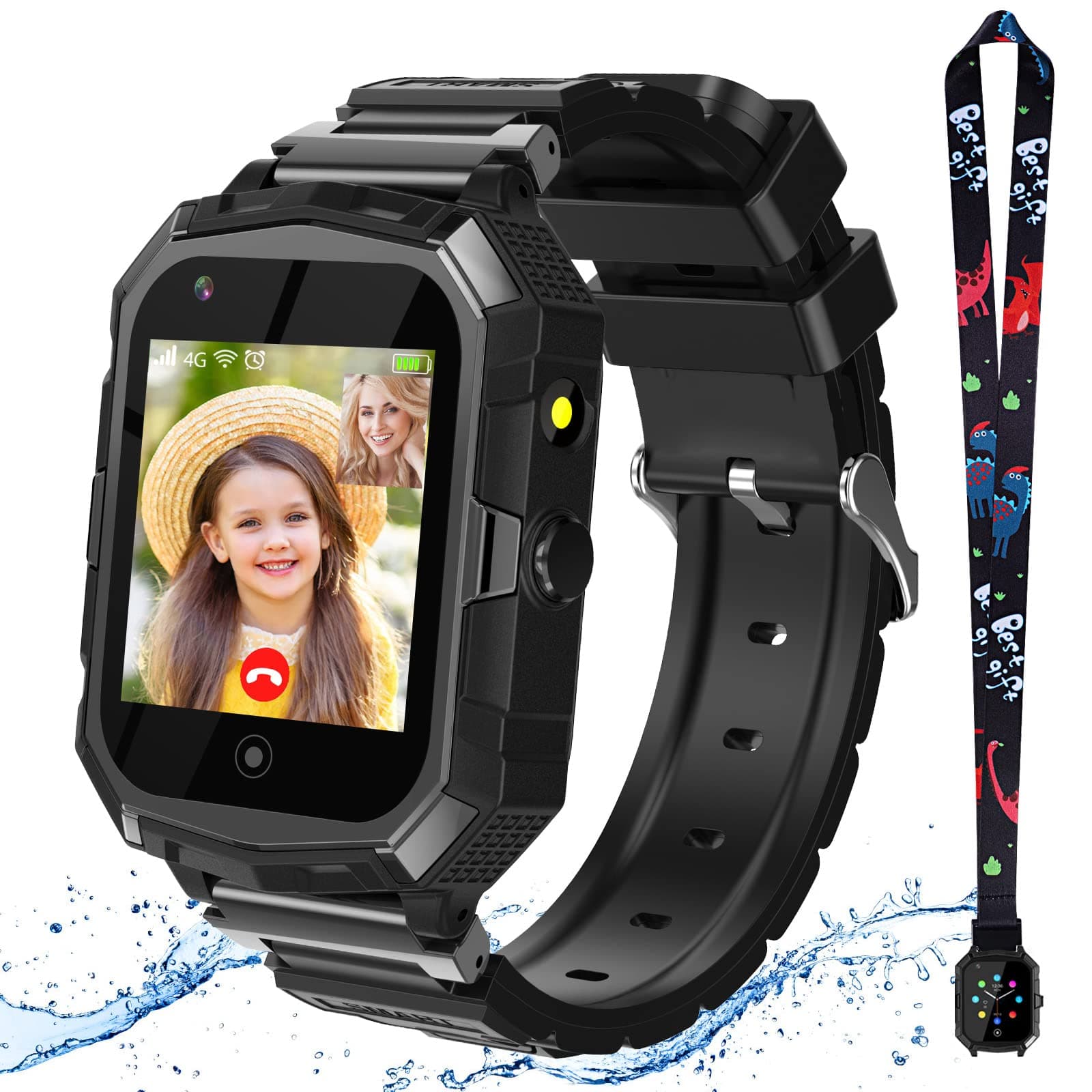4G GPS Smartwatch for Girls Boys, Children's Mini Cell Phone with Calling, SOS, GPS, Camera, Flashlight, 2-Style Cartoon Straps Life Water Resistant for 3-12 Years Kids Birthday Xmas Gift (T32-Black)
