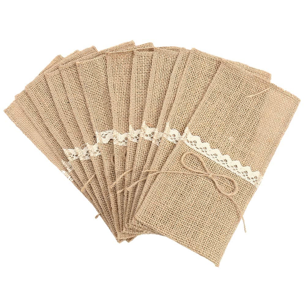 Topmodehome Burlap Cutlery Holders Lace Utensil Pouch Knifes Forks Bag for Vintage Natural Wedding (4x8inch, Rope Bow)