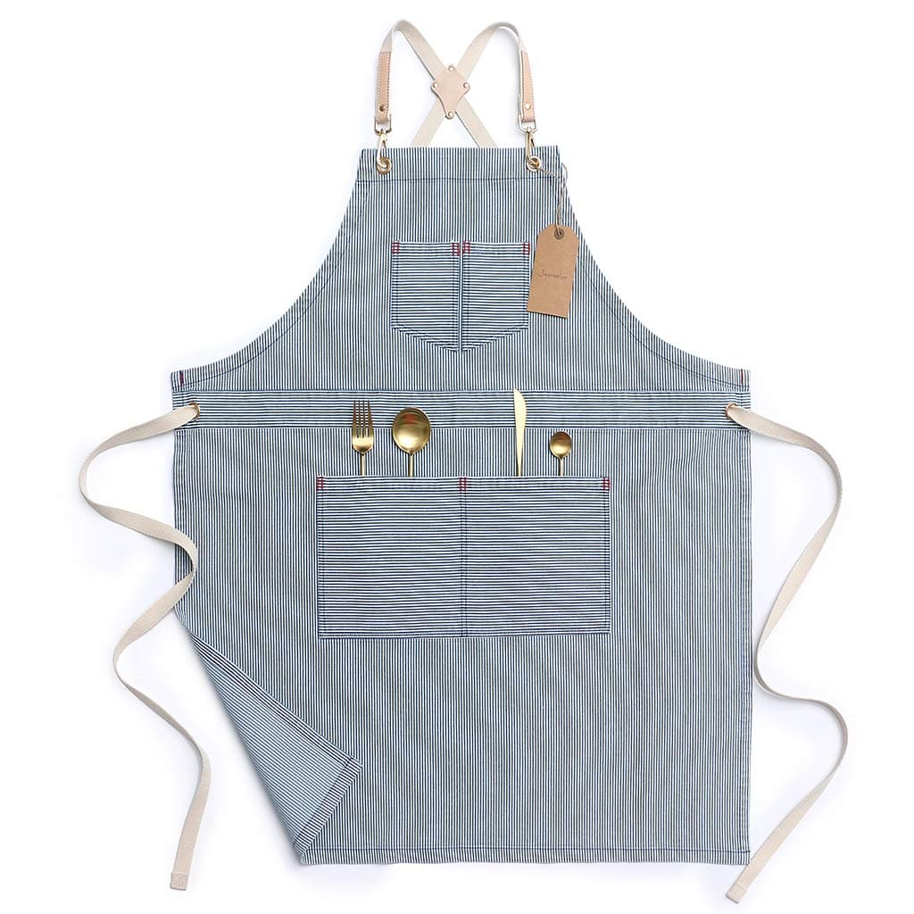 Blue Striped Denim Aprons for Women and Men - Jean Cross Back Apron Adjustable Neck Unisex with 4 Pockets for Barista, Chef, Barber, Painter and Gardener, Adjustable M to XXL