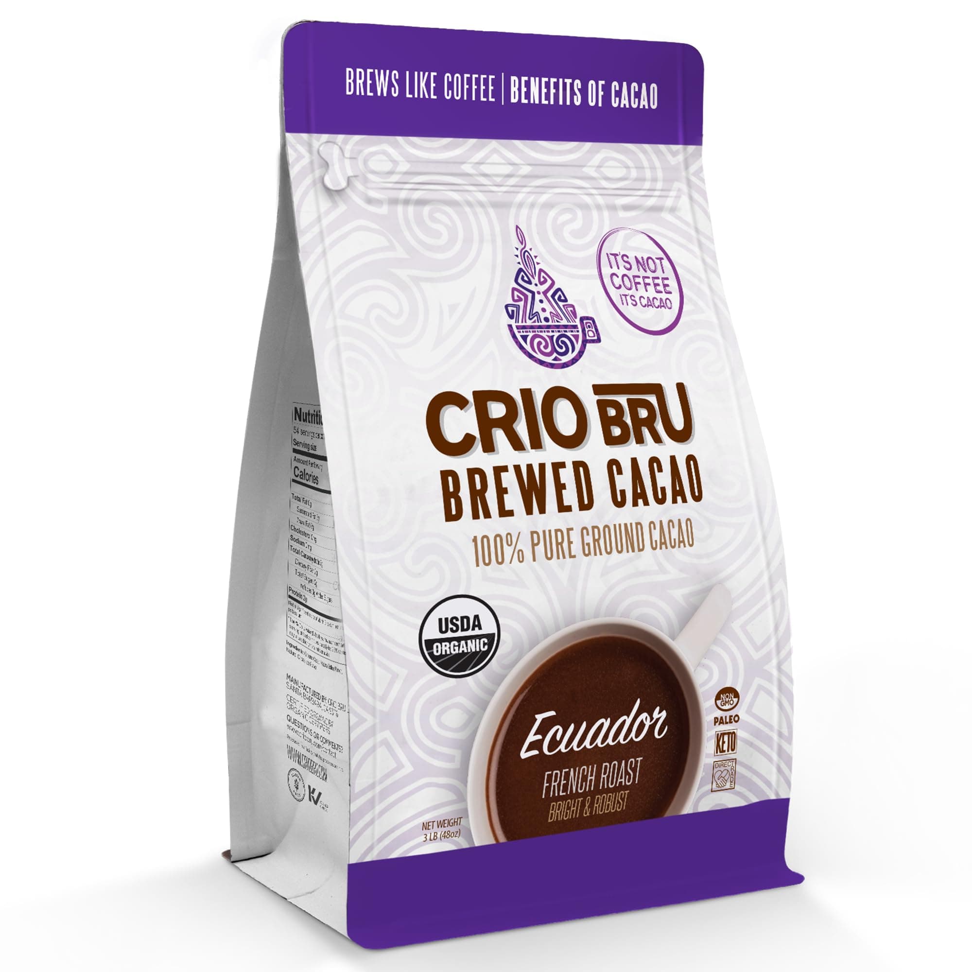 Crio BruBrewed Cacao Ecuador French Roast - Coffee Alternative Natural Healthy Drink | 100% Pure Ground Cacao Beans | 99.99% Caffeine Free, Keto, Low Carb, Paleo, Brew And Enjoy Hot or Iced (3lb)USDA Organic