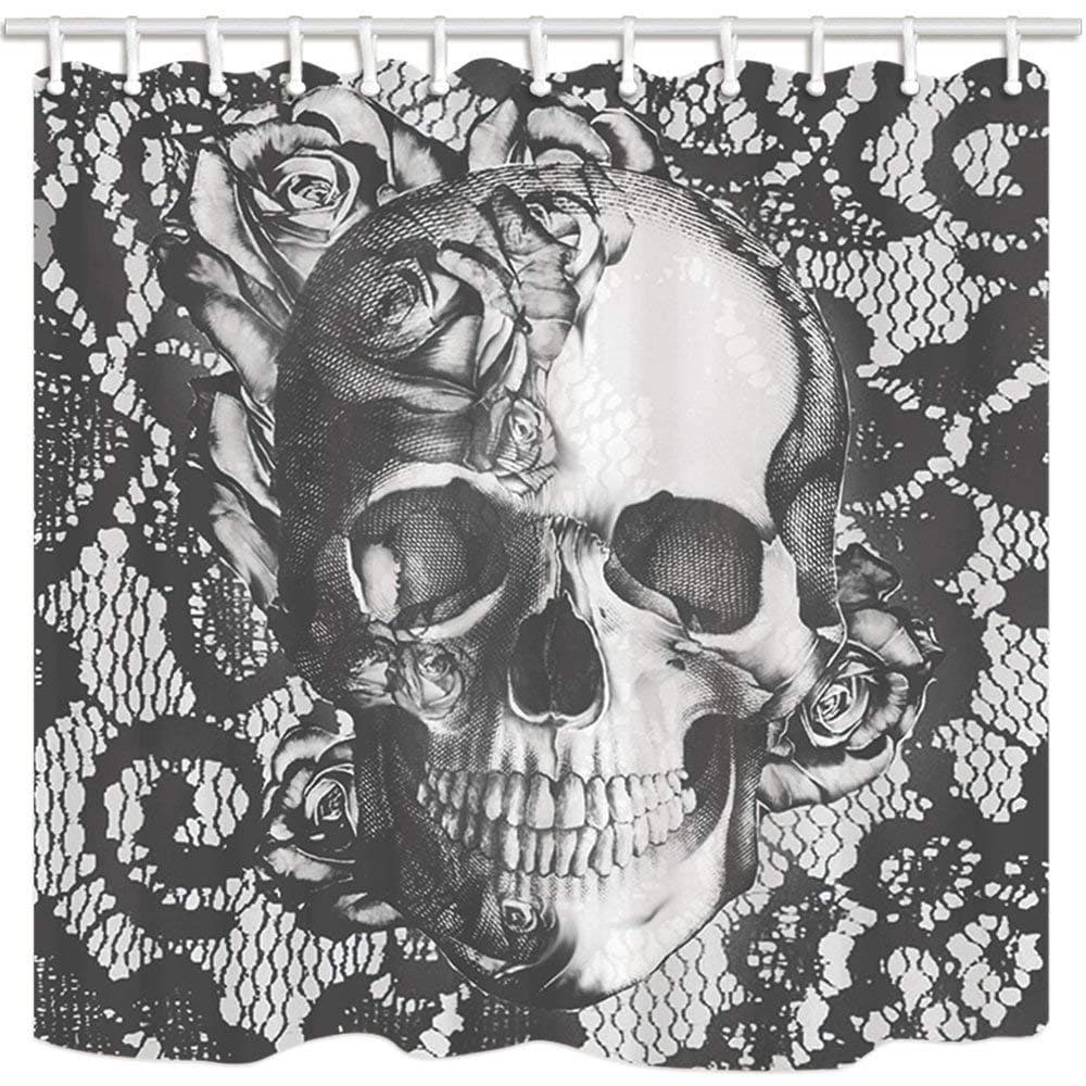vrupi Gothic Shower Curtain Colourless Skull And Rose Romance And Death Bathroom Mildew Resistant Polyester Fabric Waterproof Shower Curtain Set With Hooks 71X71in