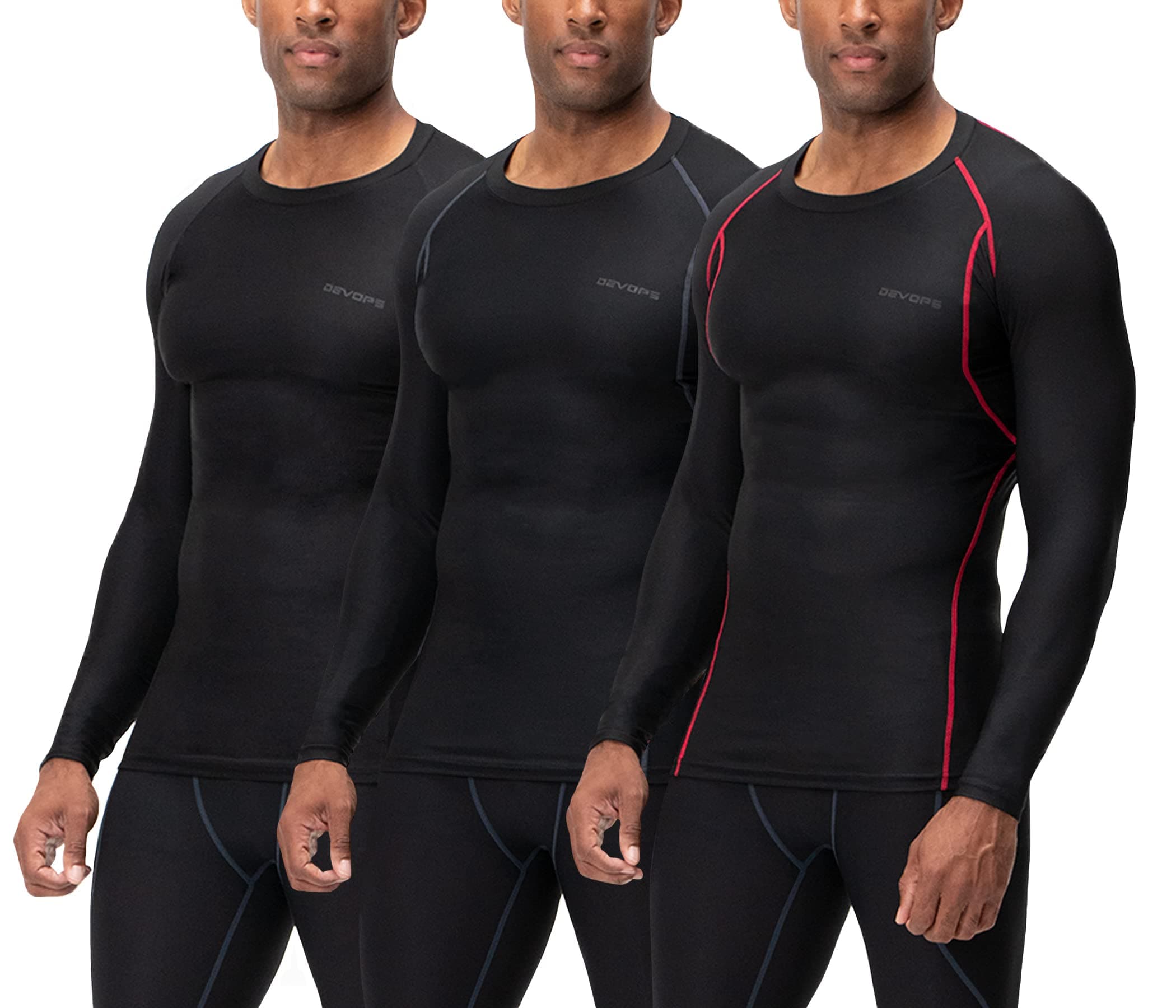 3 Pack Men's UPF 50+ Long Sleeve Compression Shirts, Water Sports Rash Guard Base Layer, Athletic Workout Shirt