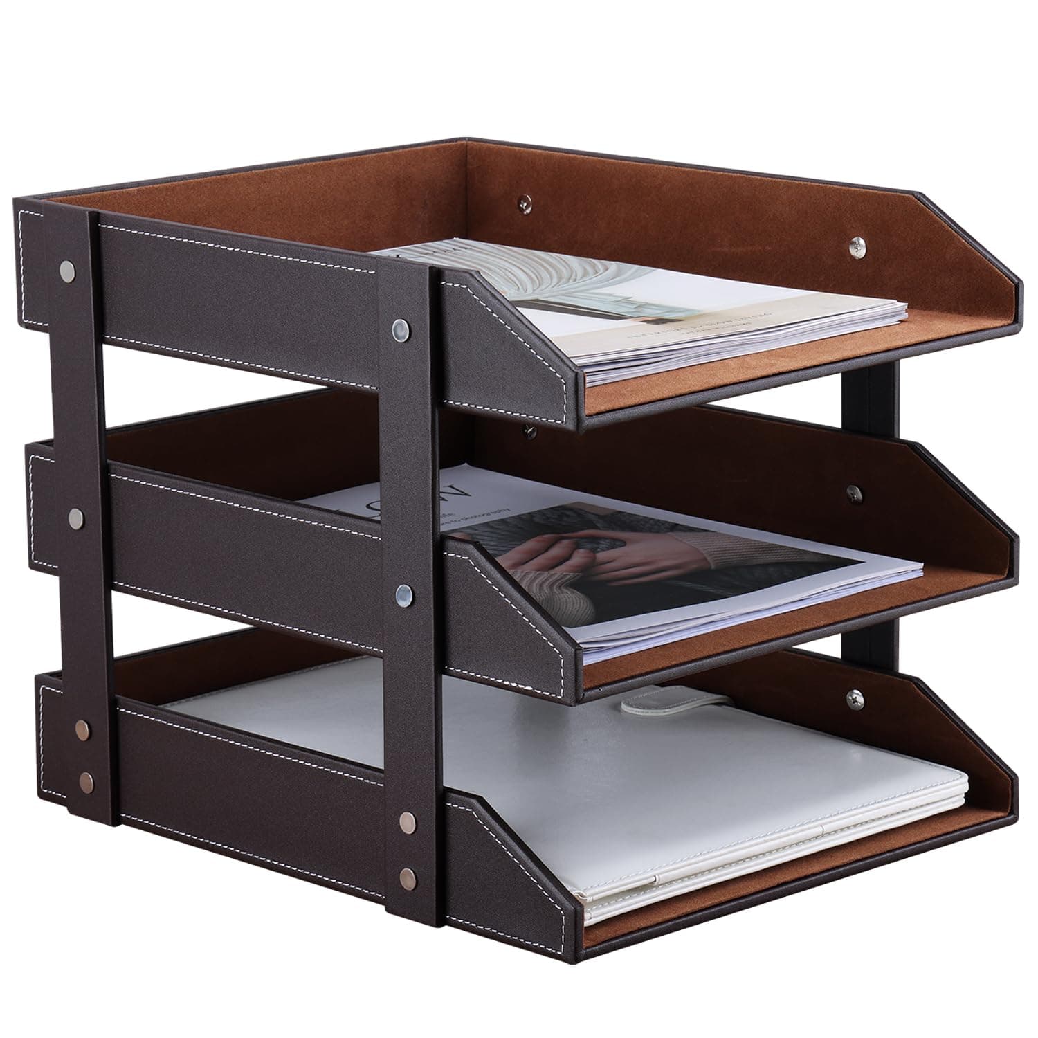 Letter Tray, Leather Paper Organizer Tray, Wooden Desk File Holder, Desktop File, Stackable Magazine Holder, Mail Sorter, Great for Home or Office(Brown, 3 Tray)