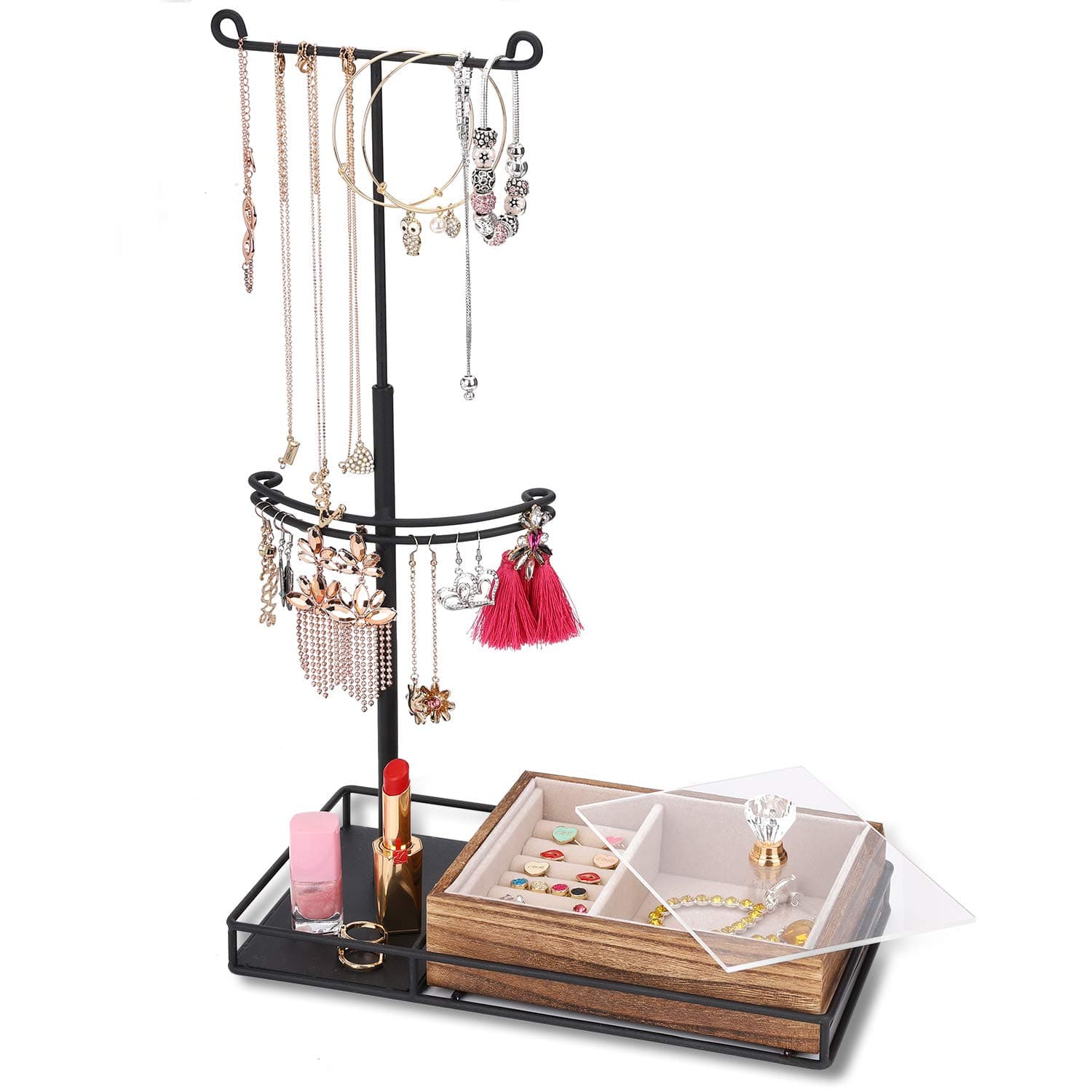 Keebofly Jewelry Organizer - 2 Tier Jewelry Holder Stand Metal & Large Storage Jewelry Box for Necklaces Bracelet Earrings Ring - Carbonized Black