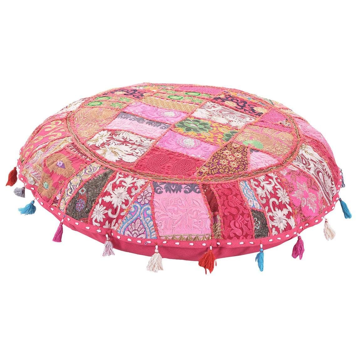 GANESHAM Indian Handmade Vintage Patchwork Cotton Boho Chic Bohemian Hand Embroidered Decorative Ethnic Foot Stool Round Floor Pillows & Cushion Cover Seating Pouf Ottoman (Pink, 32 inch)