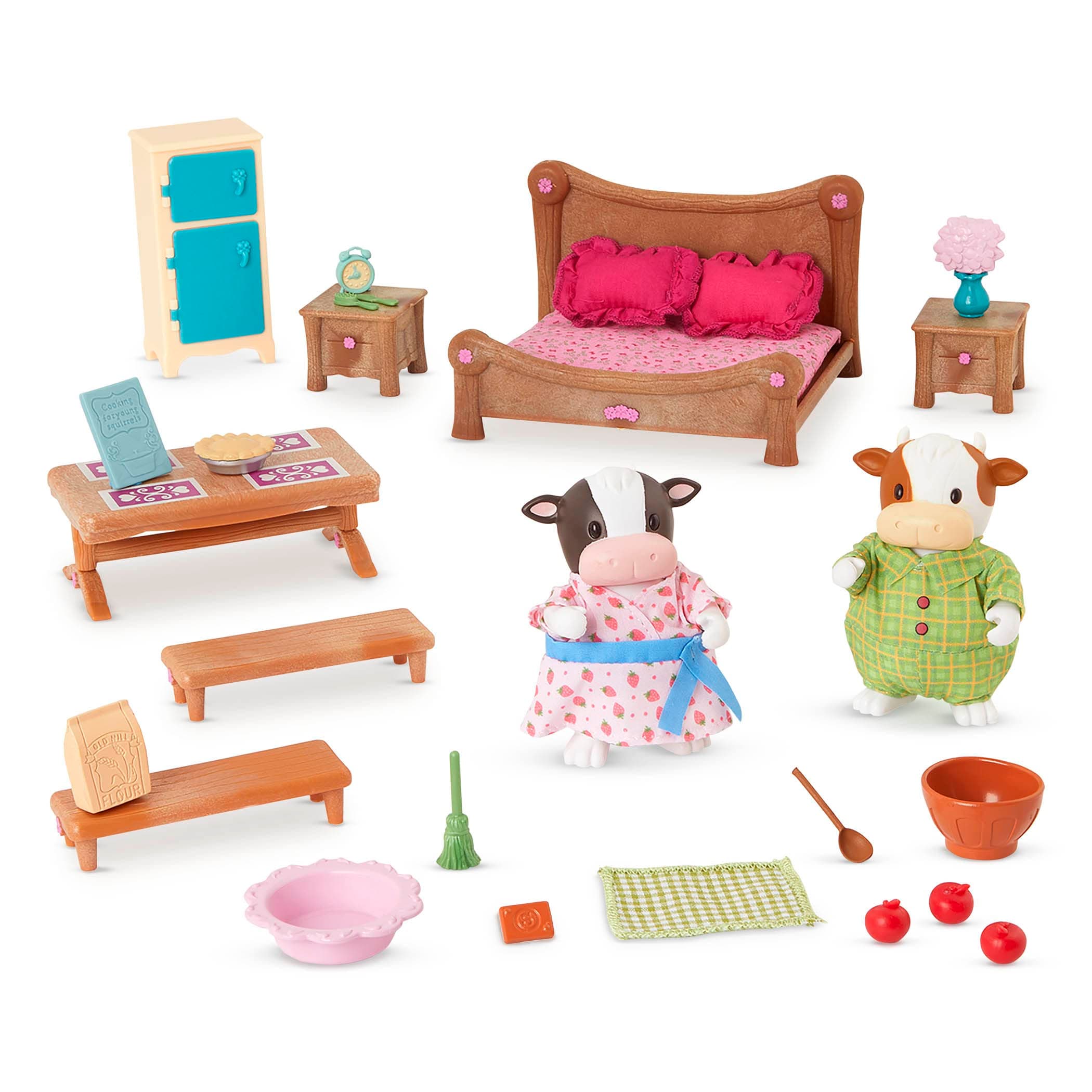 Bedroom & Dining Playset with 2 Characters, Dollhouse Furniture Set, Toy Bedroom & Kitchen Playset with Animal Figurines, 3+ Years