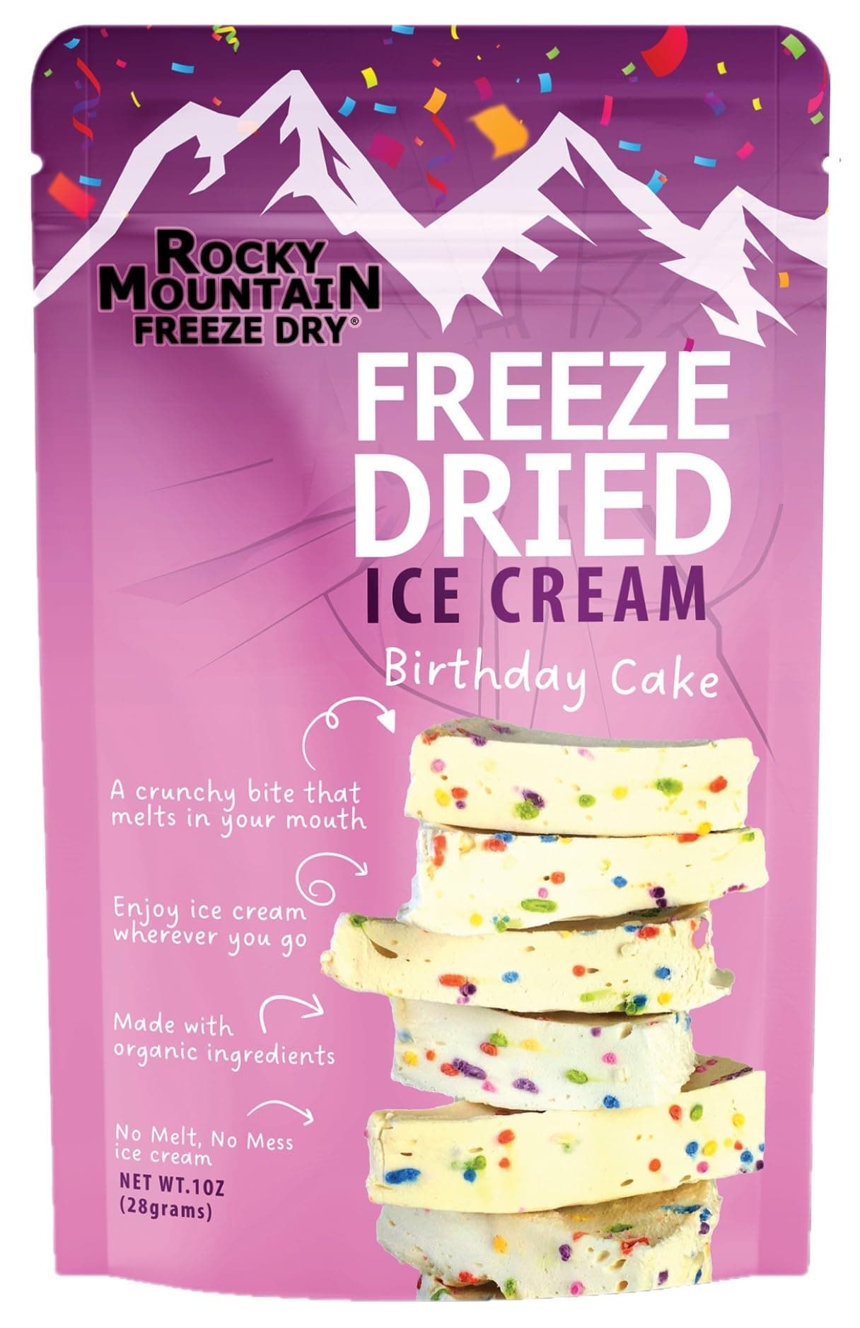 Freeze Dried Ice Cream - Birthday Cake Ice Cream That Doesn’t Melt - Crunchy Creamy Snack with Clean Ingredients - Shelf-Stable Party Snack - Rocky Mountain Freeze Dry (1 OZ, Birthday Cake)