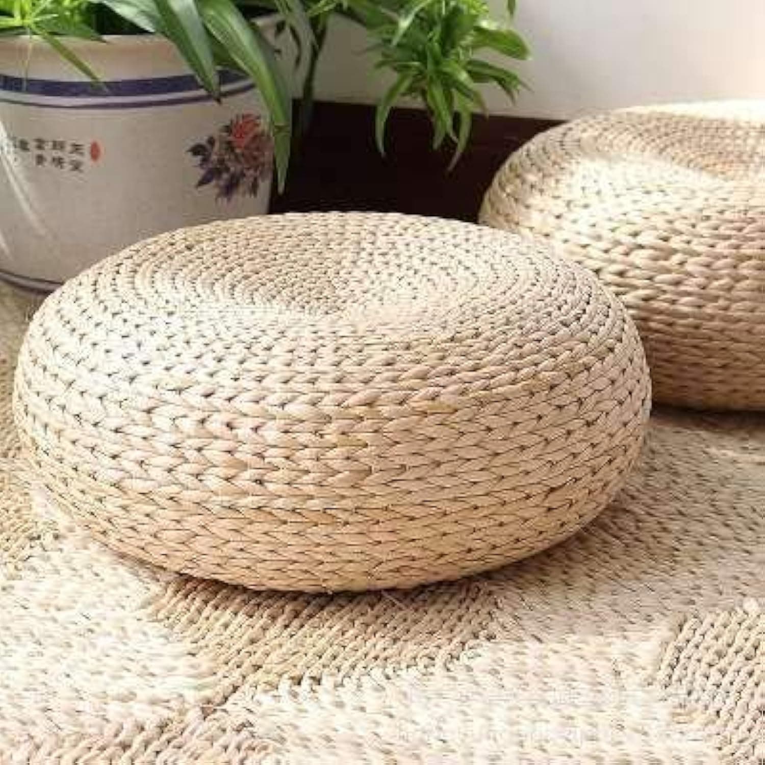 Straw Flat Seat Cushion, Handmade Floor Pouf Mat, Ottoman Footstool for Meditation, Zen, Yoga Practice or Buddha (19.7" Dia. x 6.7" H)