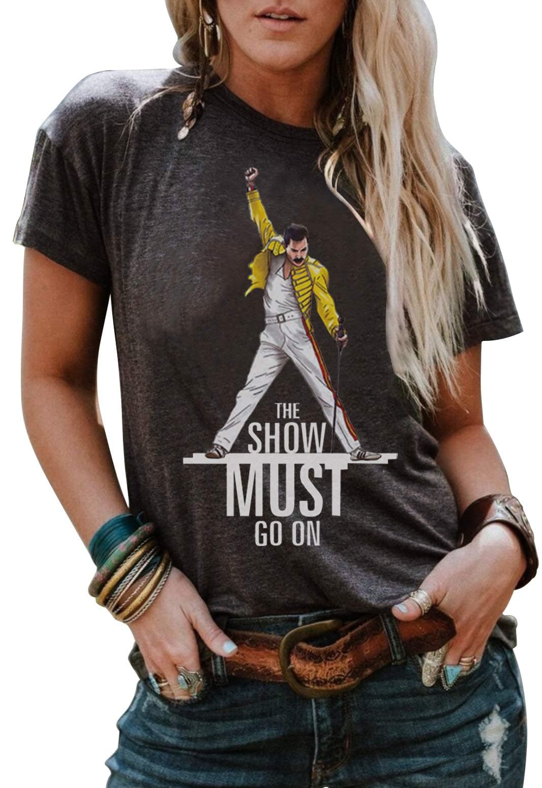 Vintage Queen Band Funny Letter Graphic Short Sleeve T Shirt for Women The Show Must Go On Freddie Mercury Tee Tops (Small, Grey)