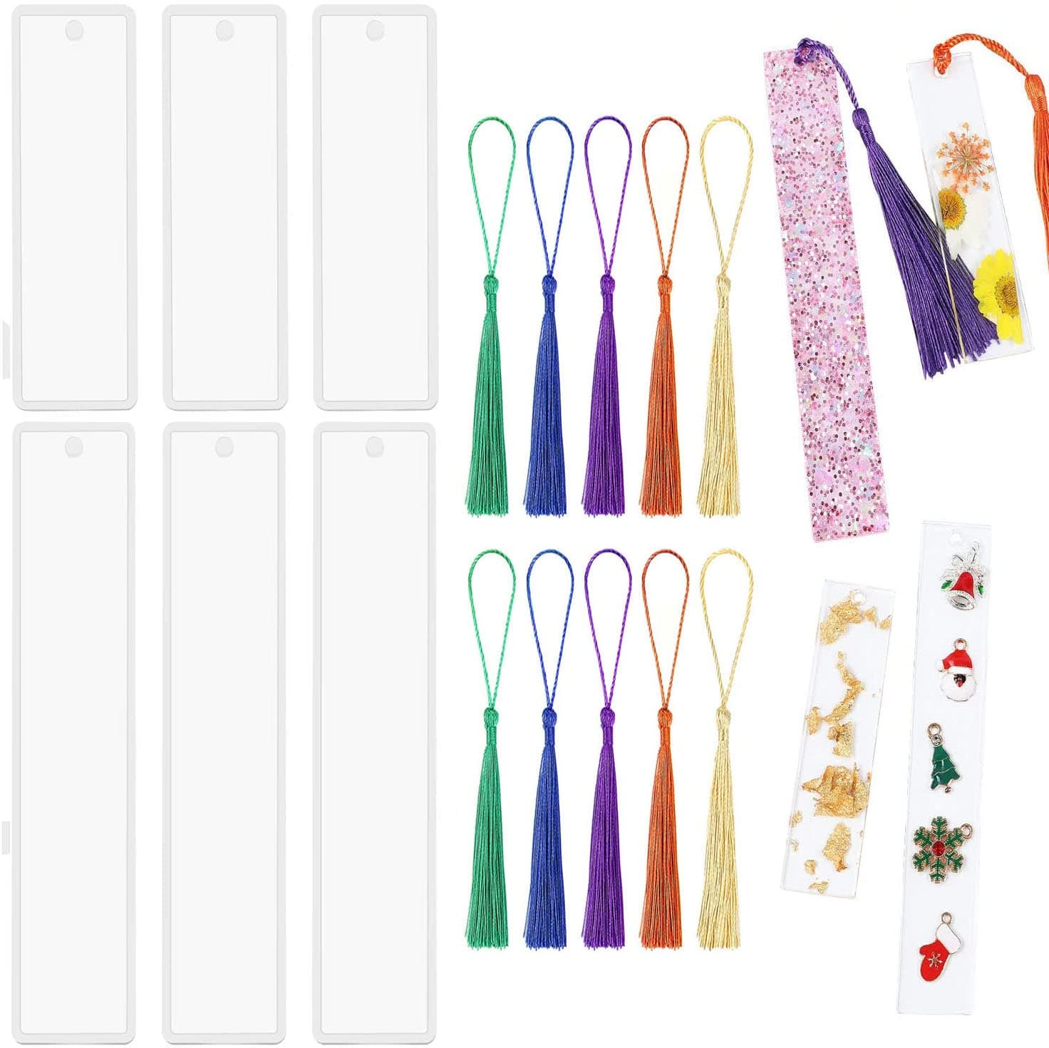 6 Pack Rectangle DIY Bookmark Resin Silicone Mold, Bookmark Silicone Molds with 10 Pcs Colorful Tassels for Jewelry DIY Craft