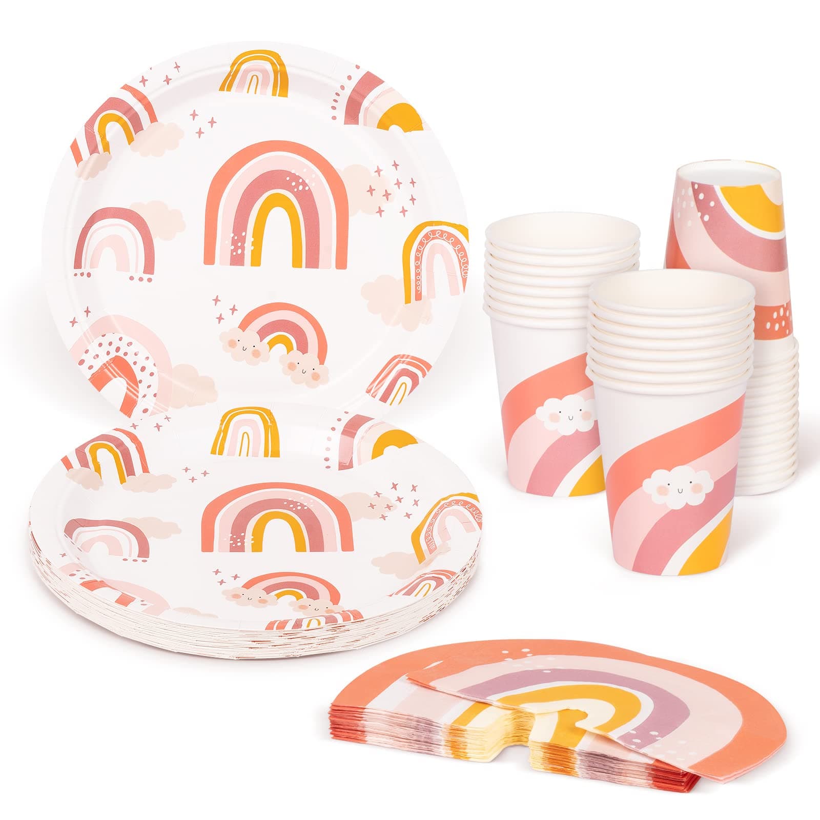 DECORLIFE 72 PCS Boho Birthday Plates Serves 24, Rainbow Birthday Party Supplies, Cups Included for Girls' Baby Shower, Boho Rainbow Party Decorations