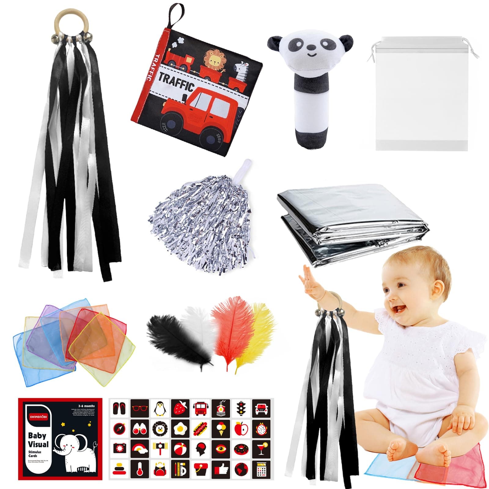 26 Pcs Black and White Sensory Toys, Baby Sensory Toys 0-6 Months for Babies, Newborn Sensory Toys with Foil Blanket Scarf Crinkle Papers Ribbon Loop Feathers Cheerleading Pom Poms Baby Rattles