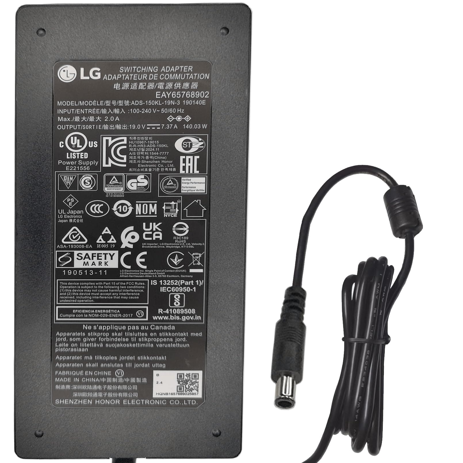 Genuine 19V 7.37A UL AC/DC Adapter for LG 34" 45" 27" Monitor 34UC97 S 34YM95C 45UM94 34UM95C P UM95 27UD88 27UK850 W Curved Ultrawide 4K UHD LED LCAP31 EAY62949001 DC19V 140W Power Supply Charger PSU