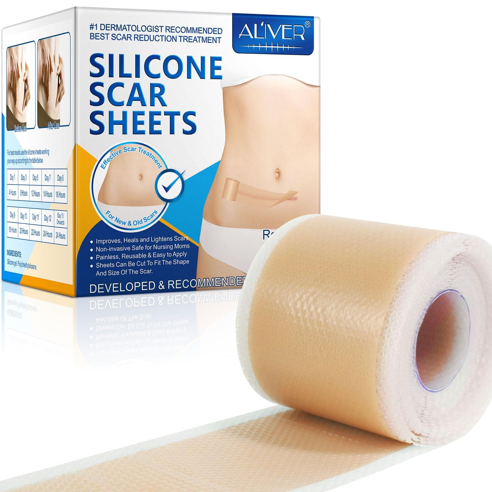 Silicone Scar Sheets(1.8"x120"-3M),Medical Grade Silicone Scar Tape,Silicone Strips for Scar Healing,Painless Scar Removal Tape for All Surgical Incisions,C-Section,Burn,Keloid,Acne