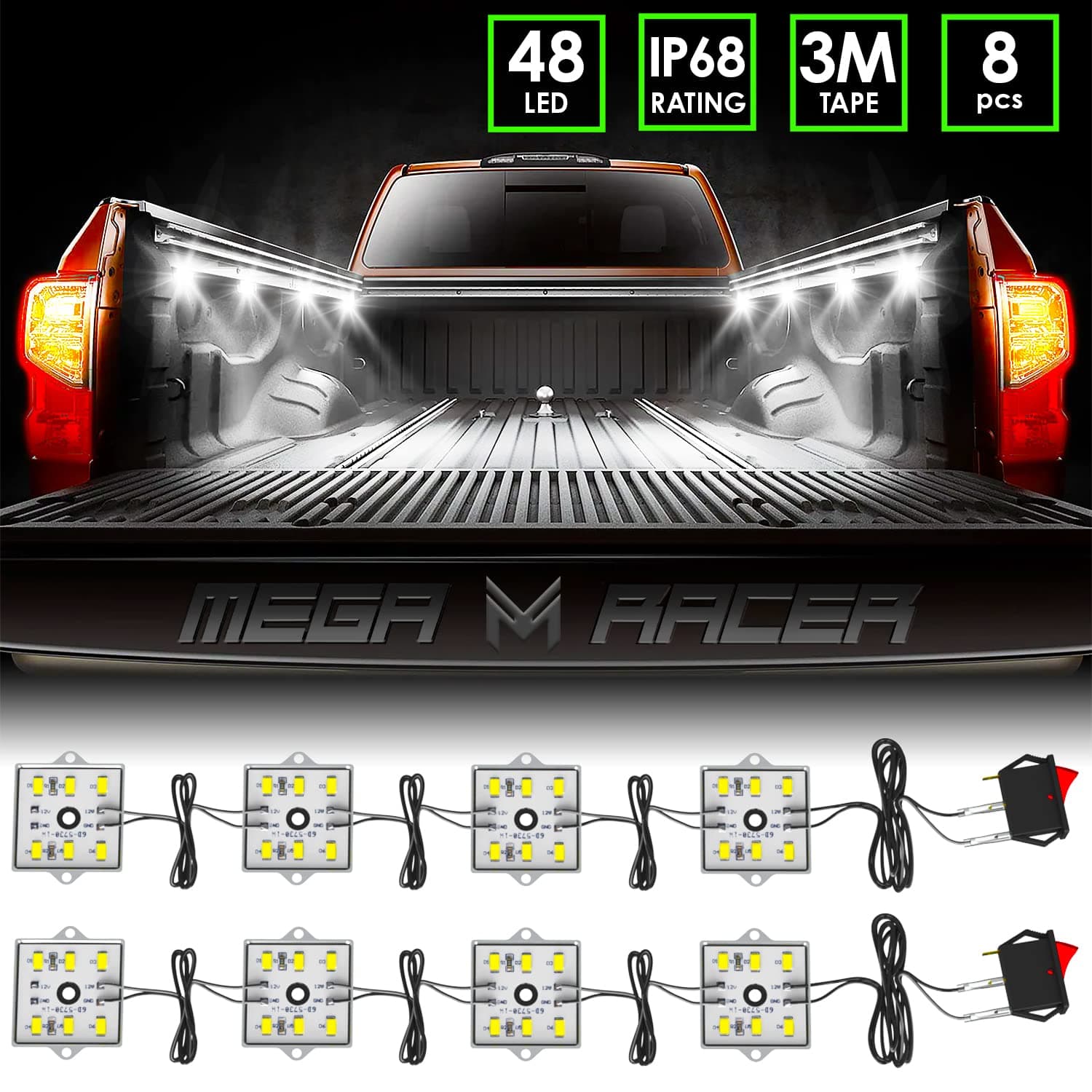 Mega Racer LED Rock Lights for Pickup Truck Bed, Super White, 48 Piece SMD LED Chips, 12 Volt, On/Off Switch, IP68 Waterproof, Universal Auto Lighting Accessories Kit, 8 Pods