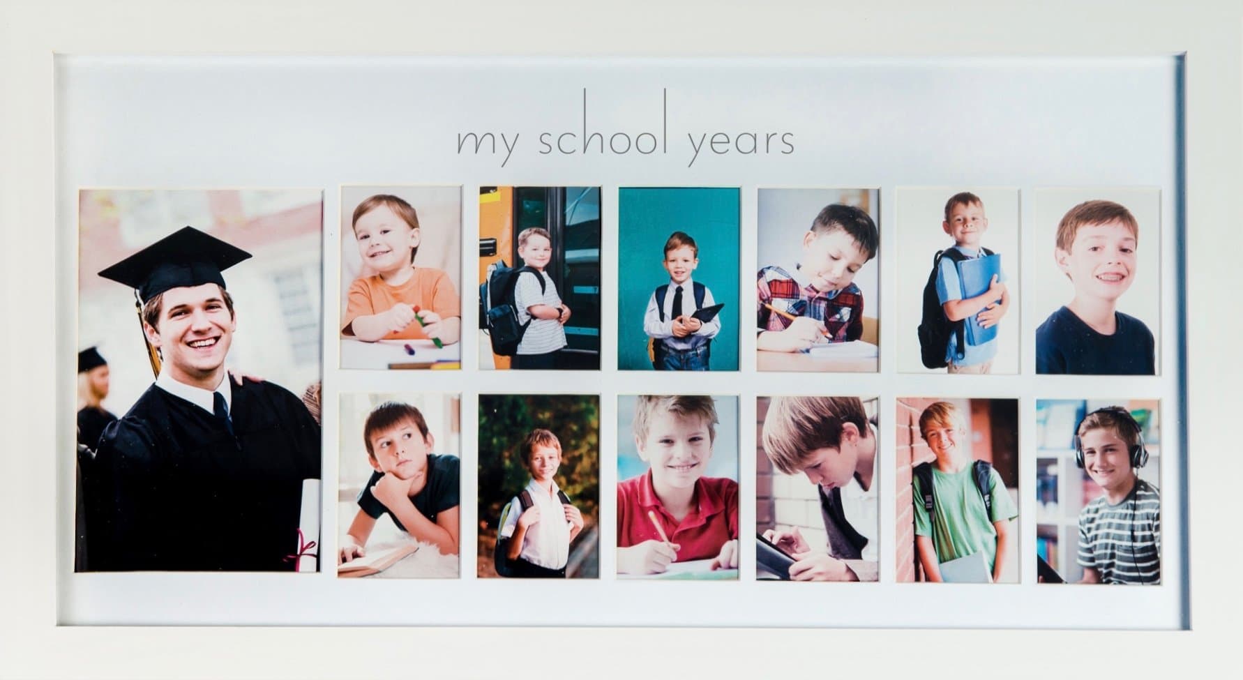 Green Pollywog School Years Picture Day Collage Frame | White | K-12 Photo Display | Elegant Natural Wood Graduation Frame