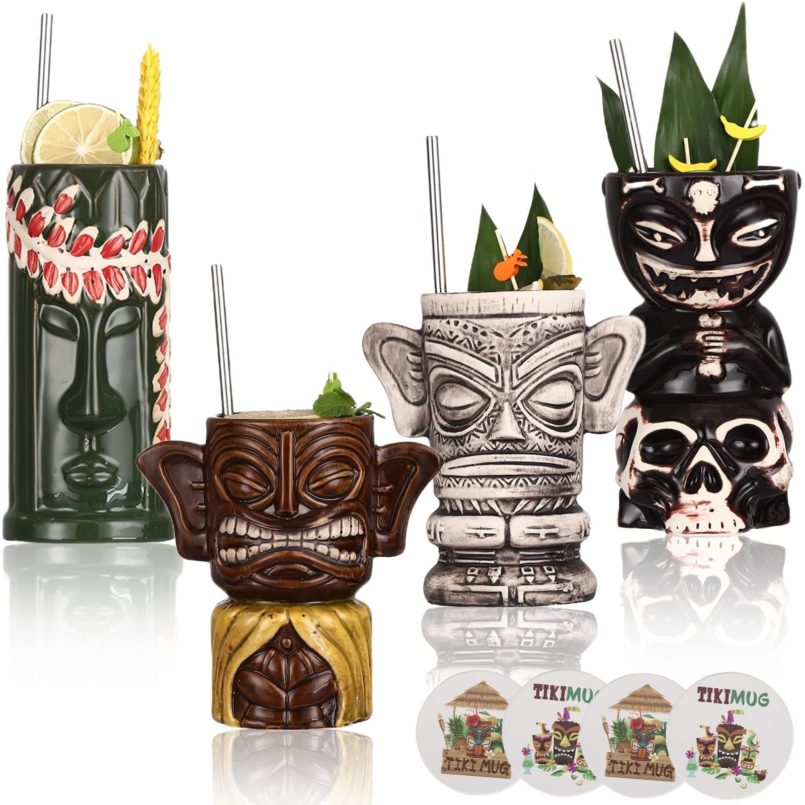 Tiki Glasses for Cocktails Tiki Mugs Set of 4 Ceramic Tiki Party Cups Bar Decor Creative Tiki Mug Set Large Hawaiian Glasses Tiki Drinking Bar Decorations with Coaster and Straws