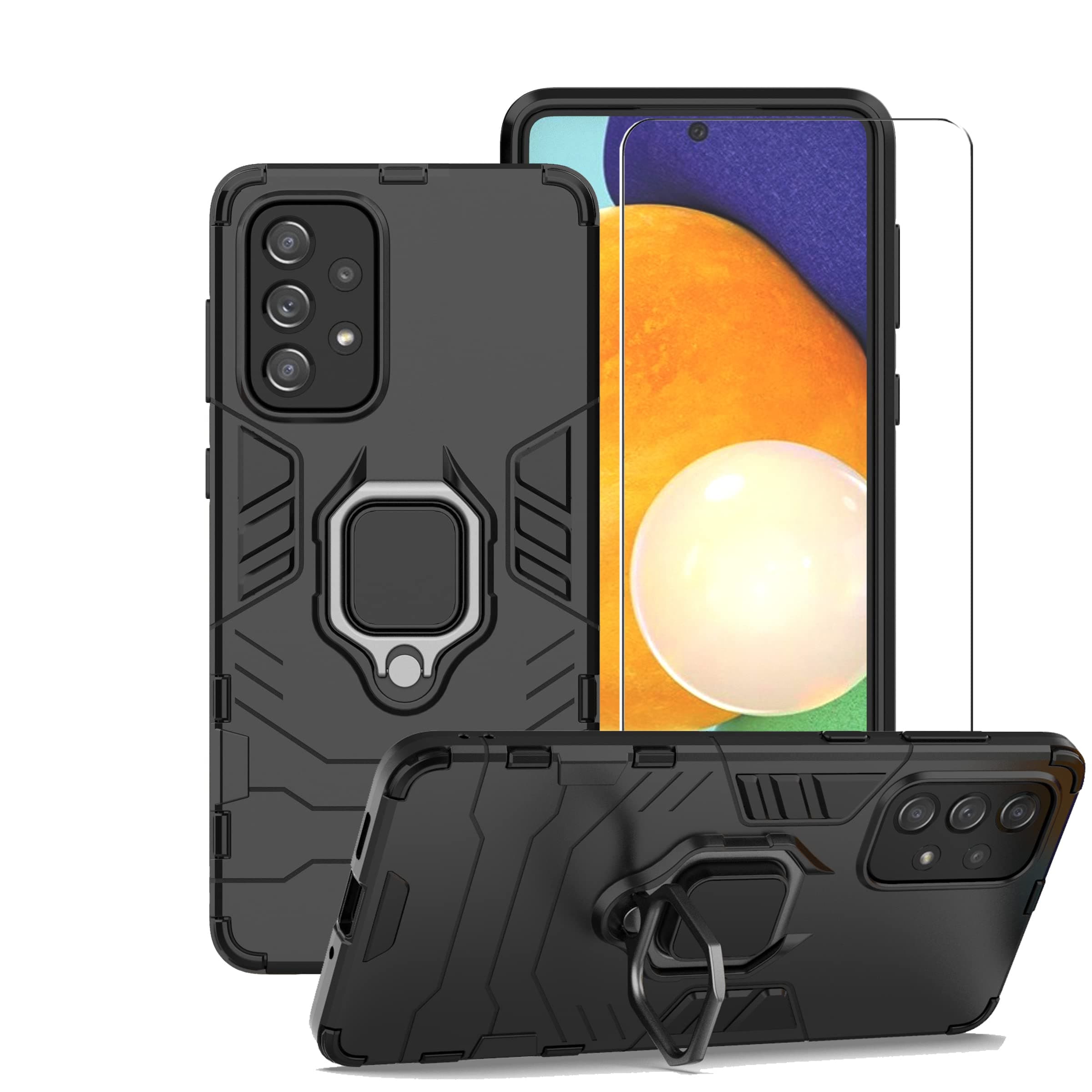 Chengmi ZMONE for Samsung Galaxy A73 5G Case Cover with Glass Screen Protector ， Heavy Duty Dual Layer Military Grade Shockproof Protective Cover with Magnetic Ring Kickstand - Black