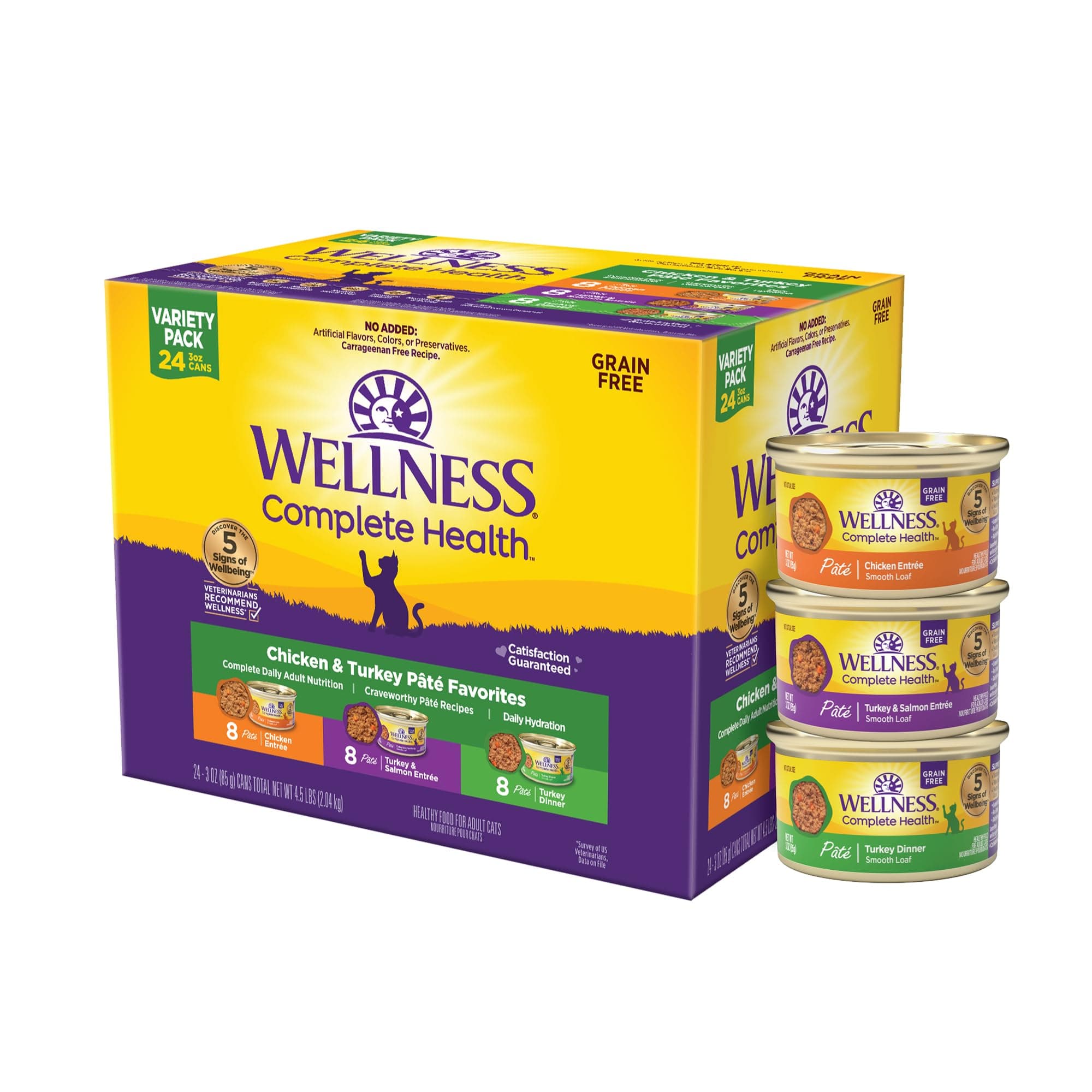 Wellness Complete Health Pate Variety Pack Adult Canned Wet Cat Food, Natural, Protein Rich, Grain Free, Chicken and Turkey Favorites, 3 oz, Pack of 24 Cans