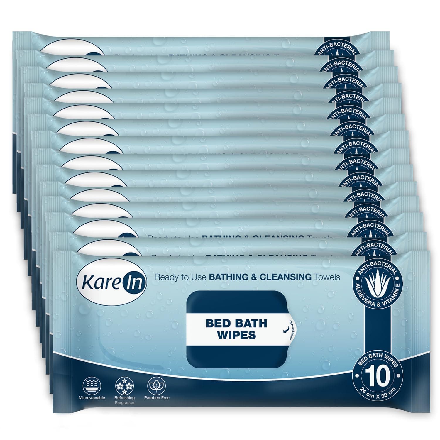 KareIn Bed Bath Wipes, Adult Wet Wipes, 120 Wipes, Anti-Bacterial, Ready to Use Cleansing Towels, Refreshing Sponge Bath Towel, For Men & Women, Pack of 12 (10 Wipes Each)